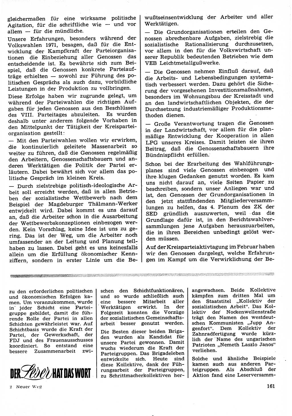 Neuer Weg (NW), Organ des Zentralkomitees (ZK) der SED (Sozialistische Einheitspartei Deutschlands) für Fragen des Parteilebens, 27. Jahrgang [Deutsche Demokratische Republik (DDR)] 1972, Seite 161 (NW ZK SED DDR 1972, S. 161)