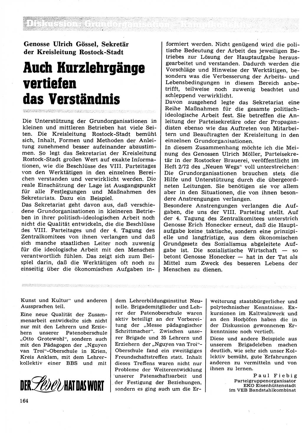 Neuer Weg (NW), Organ des Zentralkomitees (ZK) der SED (Sozialistische Einheitspartei Deutschlands) für Fragen des Parteilebens, 27. Jahrgang [Deutsche Demokratische Republik (DDR)] 1972, Seite 164 (NW ZK SED DDR 1972, S. 164)