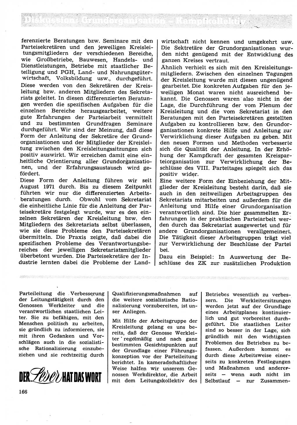 Neuer Weg (NW), Organ des Zentralkomitees (ZK) der SED (Sozialistische Einheitspartei Deutschlands) für Fragen des Parteilebens, 27. Jahrgang [Deutsche Demokratische Republik (DDR)] 1972, Seite 166 (NW ZK SED DDR 1972, S. 166)