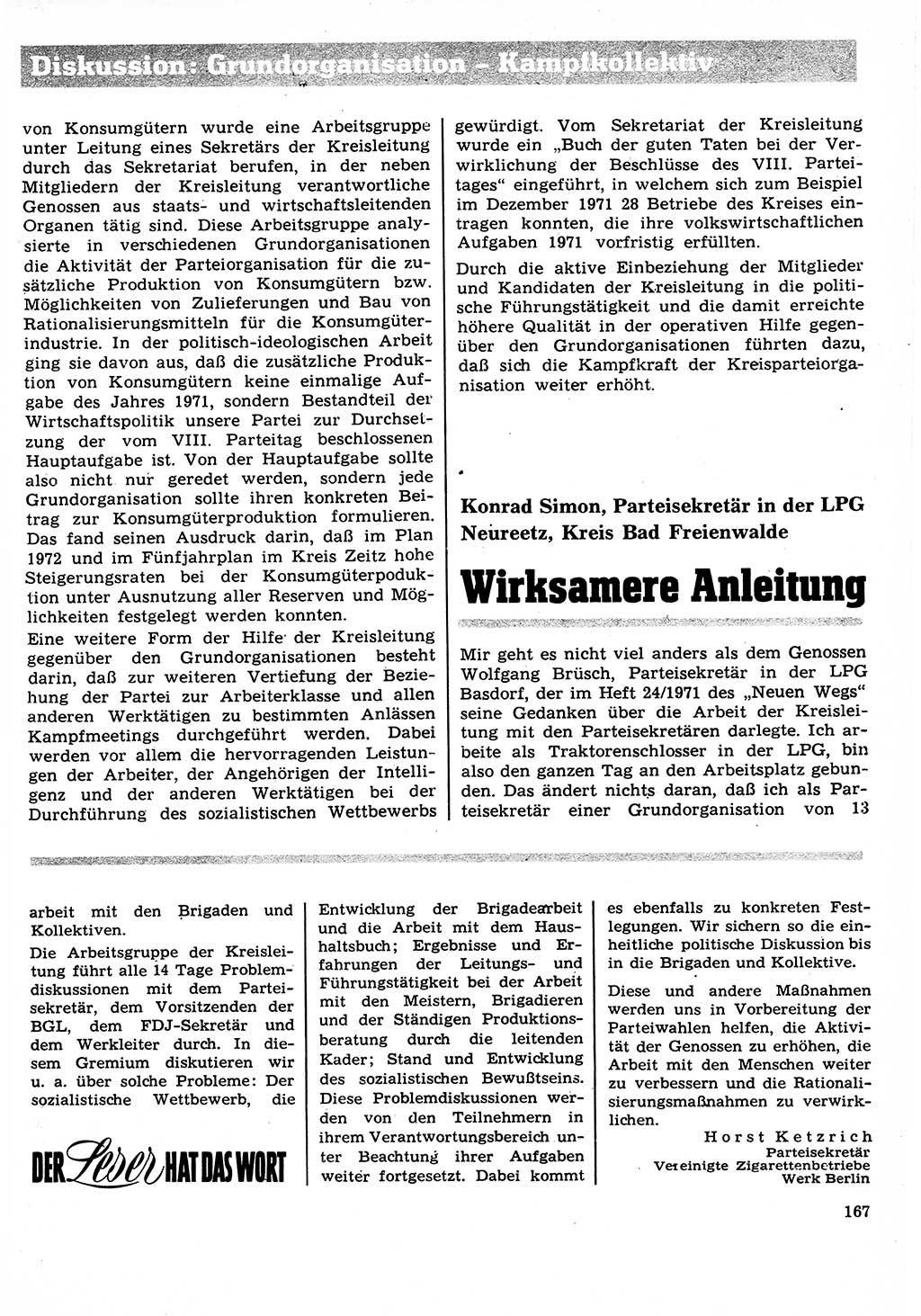 Neuer Weg (NW), Organ des Zentralkomitees (ZK) der SED (Sozialistische Einheitspartei Deutschlands) für Fragen des Parteilebens, 27. Jahrgang [Deutsche Demokratische Republik (DDR)] 1972, Seite 167 (NW ZK SED DDR 1972, S. 167)
