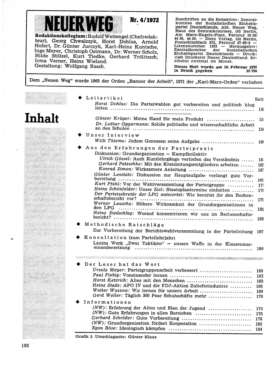 Neuer Weg (NW), Organ des Zentralkomitees (ZK) der SED (Sozialistische Einheitspartei Deutschlands) für Fragen des Parteilebens, 27. Jahrgang [Deutsche Demokratische Republik (DDR)] 1972, Seite 192 (NW ZK SED DDR 1972, S. 192)