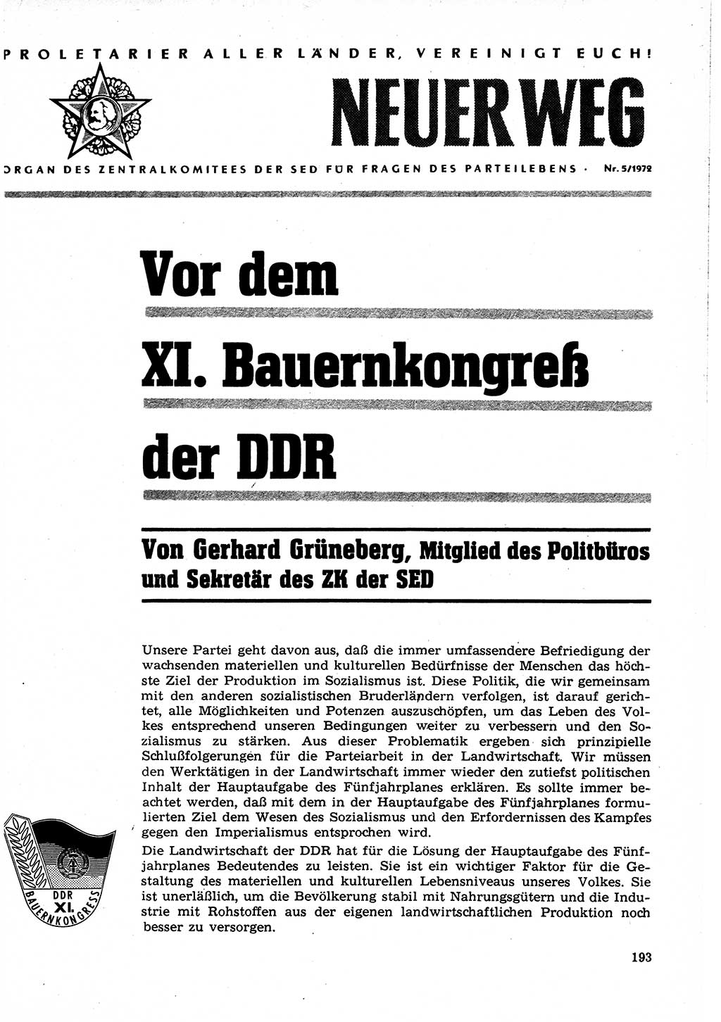 Neuer Weg (NW), Organ des Zentralkomitees (ZK) der SED (Sozialistische Einheitspartei Deutschlands) für Fragen des Parteilebens, 27. Jahrgang [Deutsche Demokratische Republik (DDR)] 1972, Seite 193 (NW ZK SED DDR 1972, S. 193)
