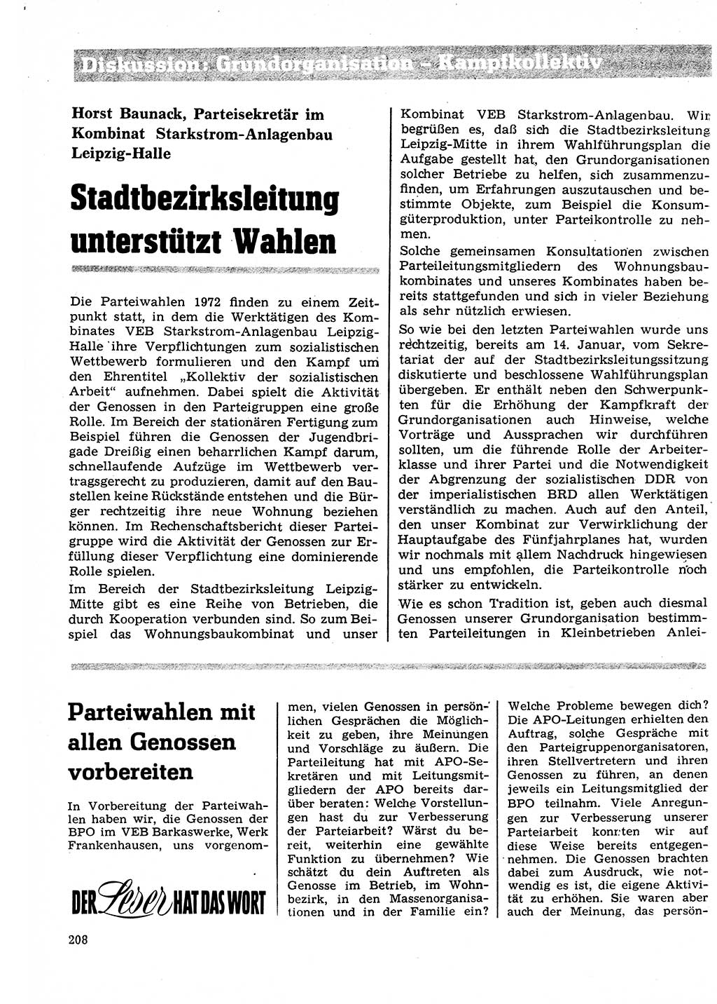 Neuer Weg (NW), Organ des Zentralkomitees (ZK) der SED (Sozialistische Einheitspartei Deutschlands) für Fragen des Parteilebens, 27. Jahrgang [Deutsche Demokratische Republik (DDR)] 1972, Seite 208 (NW ZK SED DDR 1972, S. 208)