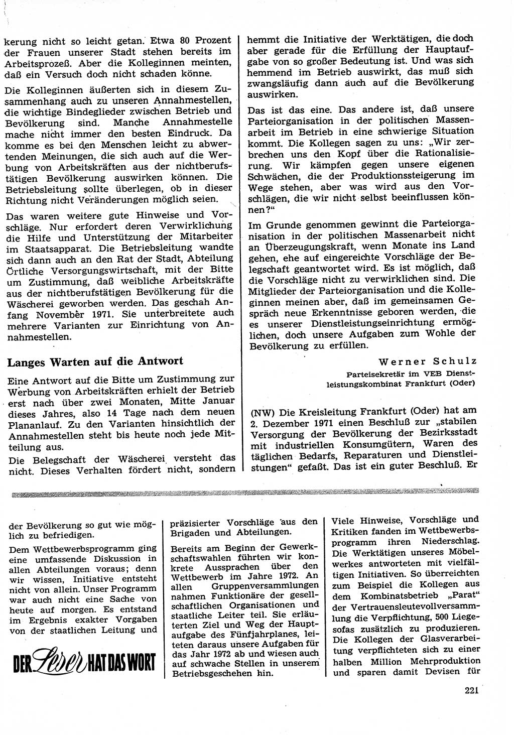 Neuer Weg (NW), Organ des Zentralkomitees (ZK) der SED (Sozialistische Einheitspartei Deutschlands) für Fragen des Parteilebens, 27. Jahrgang [Deutsche Demokratische Republik (DDR)] 1972, Seite 221 (NW ZK SED DDR 1972, S. 221)