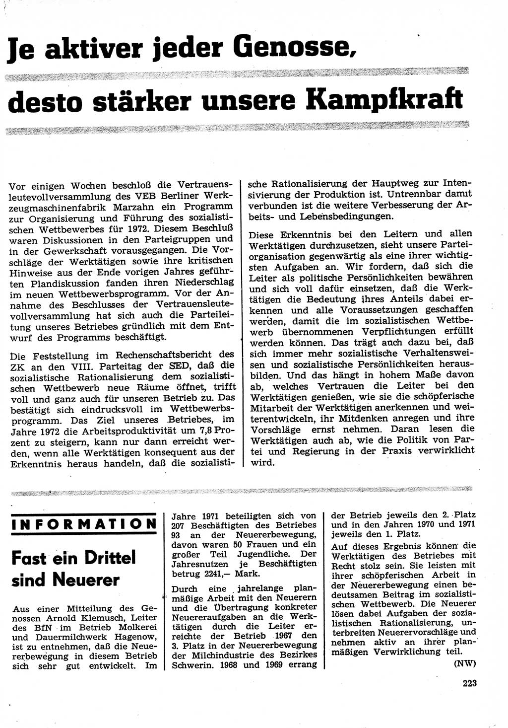 Neuer Weg (NW), Organ des Zentralkomitees (ZK) der SED (Sozialistische Einheitspartei Deutschlands) für Fragen des Parteilebens, 27. Jahrgang [Deutsche Demokratische Republik (DDR)] 1972, Seite 223 (NW ZK SED DDR 1972, S. 223)