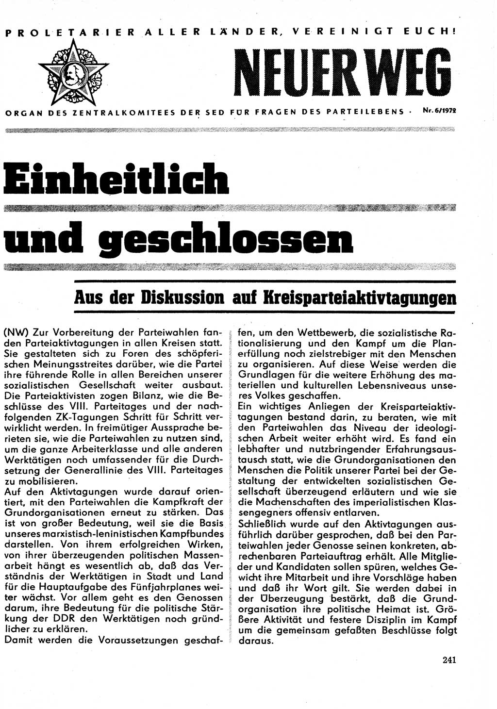 Neuer Weg (NW), Organ des Zentralkomitees (ZK) der SED (Sozialistische Einheitspartei Deutschlands) für Fragen des Parteilebens, 27. Jahrgang [Deutsche Demokratische Republik (DDR)] 1972, Seite 241 (NW ZK SED DDR 1972, S. 241)