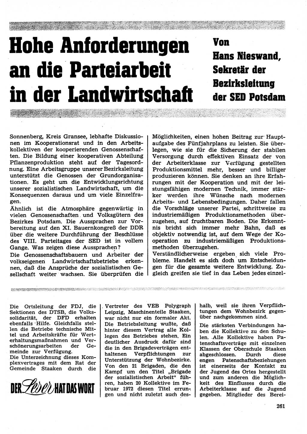 Neuer Weg (NW), Organ des Zentralkomitees (ZK) der SED (Sozialistische Einheitspartei Deutschlands) für Fragen des Parteilebens, 27. Jahrgang [Deutsche Demokratische Republik (DDR)] 1972, Seite 261 (NW ZK SED DDR 1972, S. 261)