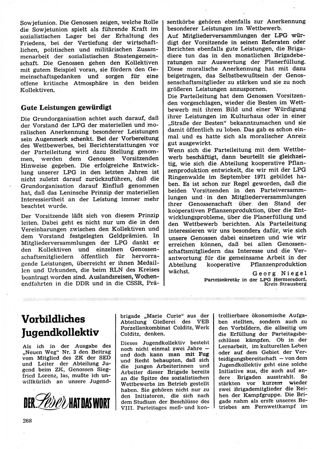 Neuer Weg (NW), Organ des Zentralkomitees (ZK) der SED (Sozialistische Einheitspartei Deutschlands) für Fragen des Parteilebens, 27. Jahrgang [Deutsche Demokratische Republik (DDR)] 1972, Seite 268 (NW ZK SED DDR 1972, S. 268)
