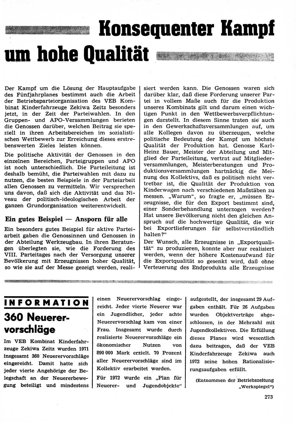 Neuer Weg (NW), Organ des Zentralkomitees (ZK) der SED (Sozialistische Einheitspartei Deutschlands) für Fragen des Parteilebens, 27. Jahrgang [Deutsche Demokratische Republik (DDR)] 1972, Seite 273 (NW ZK SED DDR 1972, S. 273)