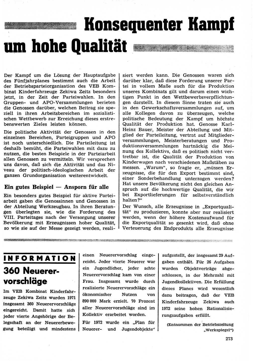 Neuer Weg (NW), Organ des Zentralkomitees (ZK) der SED (Sozialistische Einheitspartei Deutschlands) für Fragen des Parteilebens, 27. Jahrgang [Deutsche Demokratische Republik (DDR)] 1972, Seite 273 (NW ZK SED DDR 1972, S. 273)