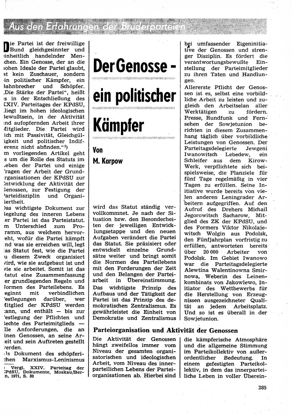 Neuer Weg (NW), Organ des Zentralkomitees (ZK) der SED (Sozialistische Einheitspartei Deutschlands) für Fragen des Parteilebens, 27. Jahrgang [Deutsche Demokratische Republik (DDR)] 1972, Seite 285 (NW ZK SED DDR 1972, S. 285)