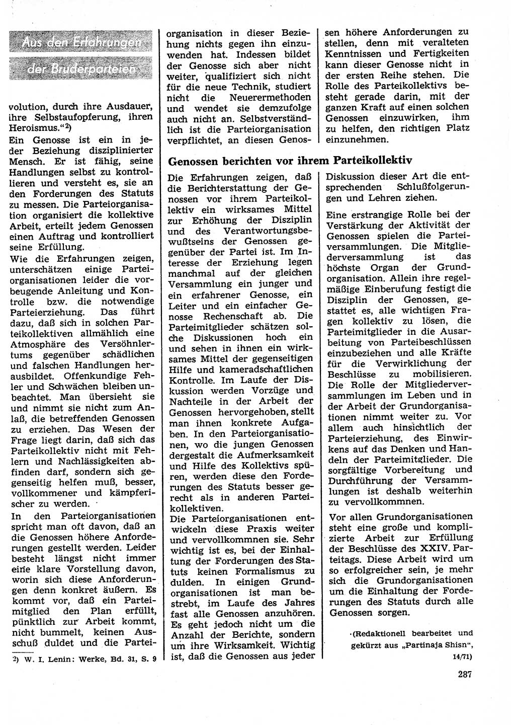 Neuer Weg (NW), Organ des Zentralkomitees (ZK) der SED (Sozialistische Einheitspartei Deutschlands) für Fragen des Parteilebens, 27. Jahrgang [Deutsche Demokratische Republik (DDR)] 1972, Seite 287 (NW ZK SED DDR 1972, S. 287)