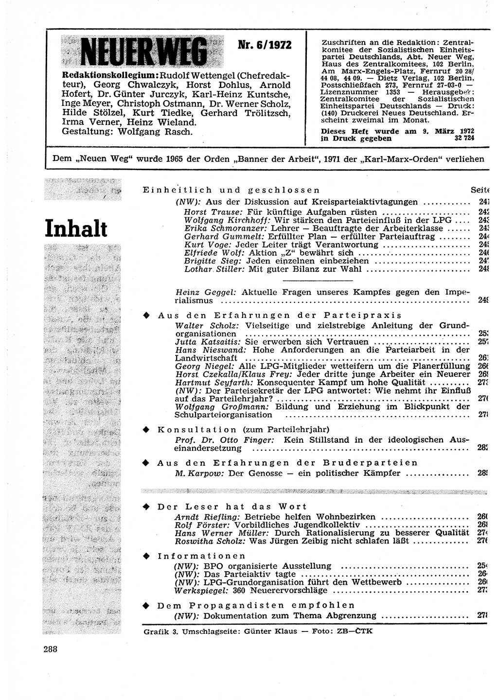 Neuer Weg (NW), Organ des Zentralkomitees (ZK) der SED (Sozialistische Einheitspartei Deutschlands) für Fragen des Parteilebens, 27. Jahrgang [Deutsche Demokratische Republik (DDR)] 1972, Seite 288 (NW ZK SED DDR 1972, S. 288)