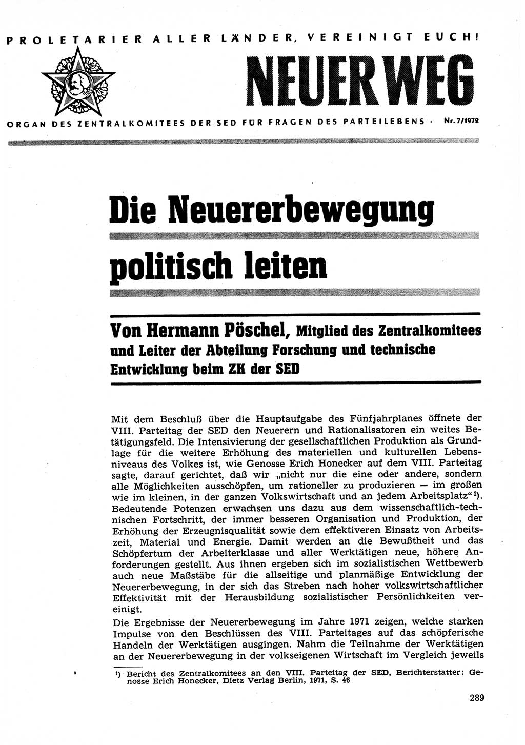 Neuer Weg (NW), Organ des Zentralkomitees (ZK) der SED (Sozialistische Einheitspartei Deutschlands) für Fragen des Parteilebens, 27. Jahrgang [Deutsche Demokratische Republik (DDR)] 1972, Seite 289 (NW ZK SED DDR 1972, S. 289)