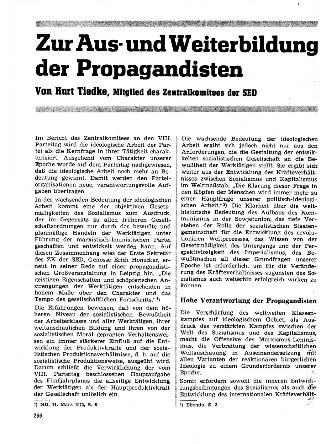 Neuer Weg (NW), Organ des Zentralkomitees (ZK) der SED (Sozialistische Einheitspartei Deutschlands) für Fragen des Parteilebens, 27. Jahrgang [Deutsche Demokratische Republik (DDR)] 1972, Seite 296 (NW ZK SED DDR 1972, S. 296)