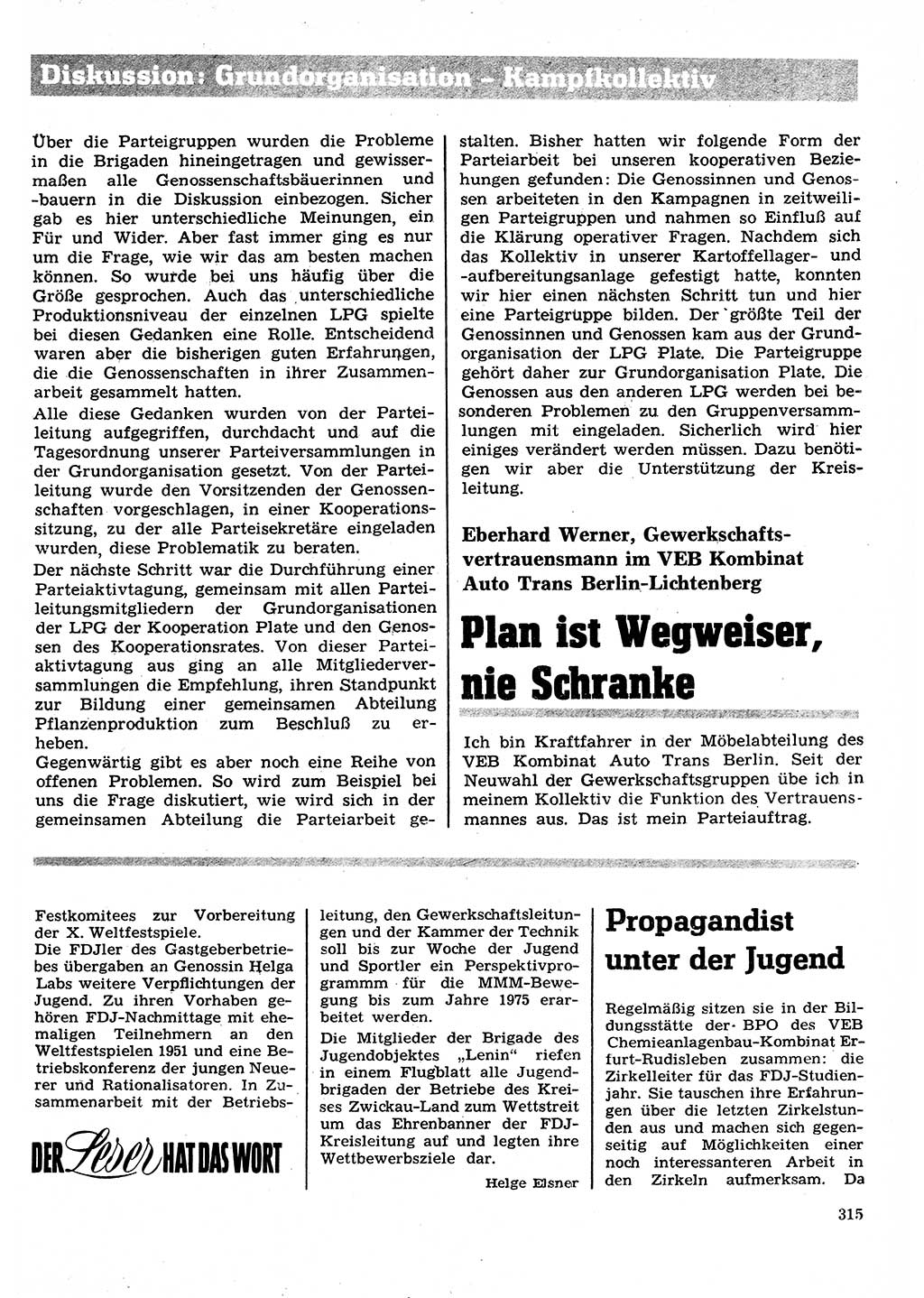 Neuer Weg (NW), Organ des Zentralkomitees (ZK) der SED (Sozialistische Einheitspartei Deutschlands) für Fragen des Parteilebens, 27. Jahrgang [Deutsche Demokratische Republik (DDR)] 1972, Seite 315 (NW ZK SED DDR 1972, S. 315)