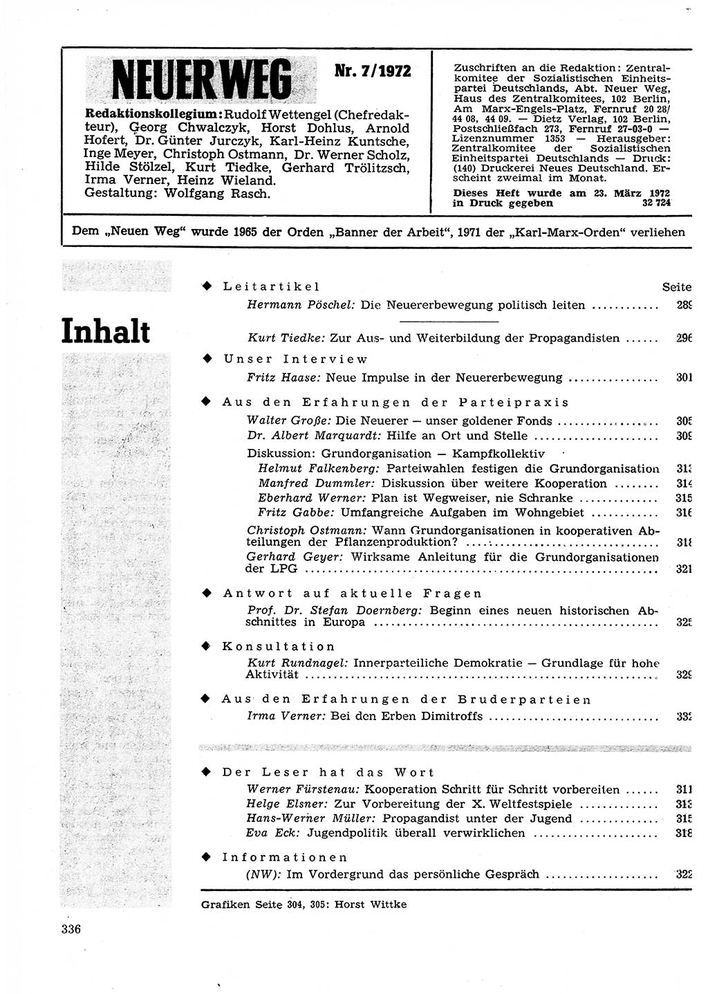 Neuer Weg (NW), Organ des Zentralkomitees (ZK) der SED (Sozialistische Einheitspartei Deutschlands) für Fragen des Parteilebens, 27. Jahrgang [Deutsche Demokratische Republik (DDR)] 1972, Seite 336 (NW ZK SED DDR 1972, S. 336)