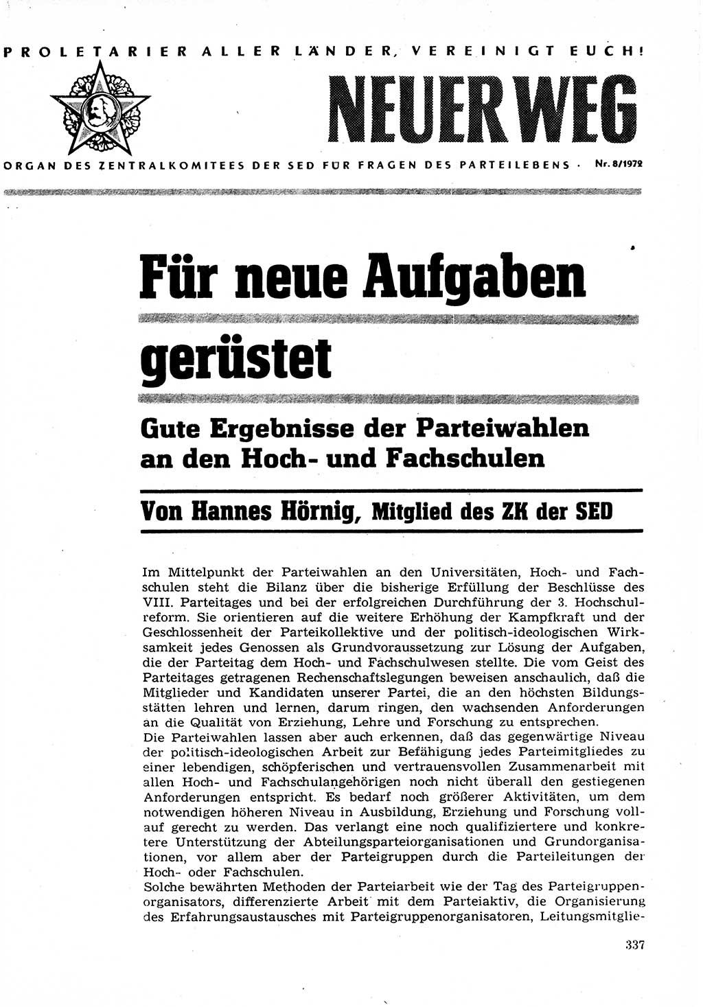 Neuer Weg (NW), Organ des Zentralkomitees (ZK) der SED (Sozialistische Einheitspartei Deutschlands) für Fragen des Parteilebens, 27. Jahrgang [Deutsche Demokratische Republik (DDR)] 1972, Seite 337 (NW ZK SED DDR 1972, S. 337)