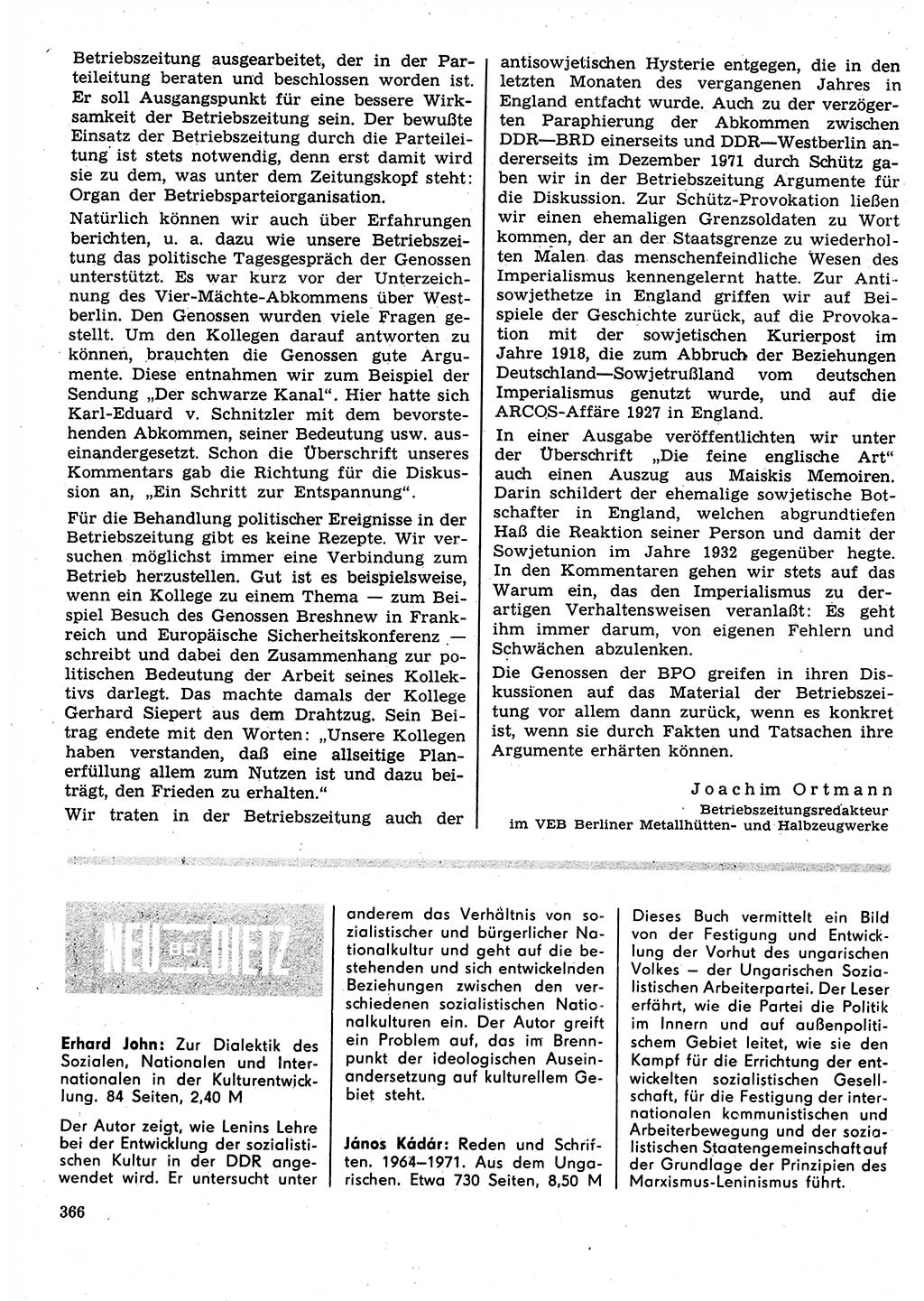 Neuer Weg (NW), Organ des Zentralkomitees (ZK) der SED (Sozialistische Einheitspartei Deutschlands) für Fragen des Parteilebens, 27. Jahrgang [Deutsche Demokratische Republik (DDR)] 1972, Seite 366 (NW ZK SED DDR 1972, S. 366)