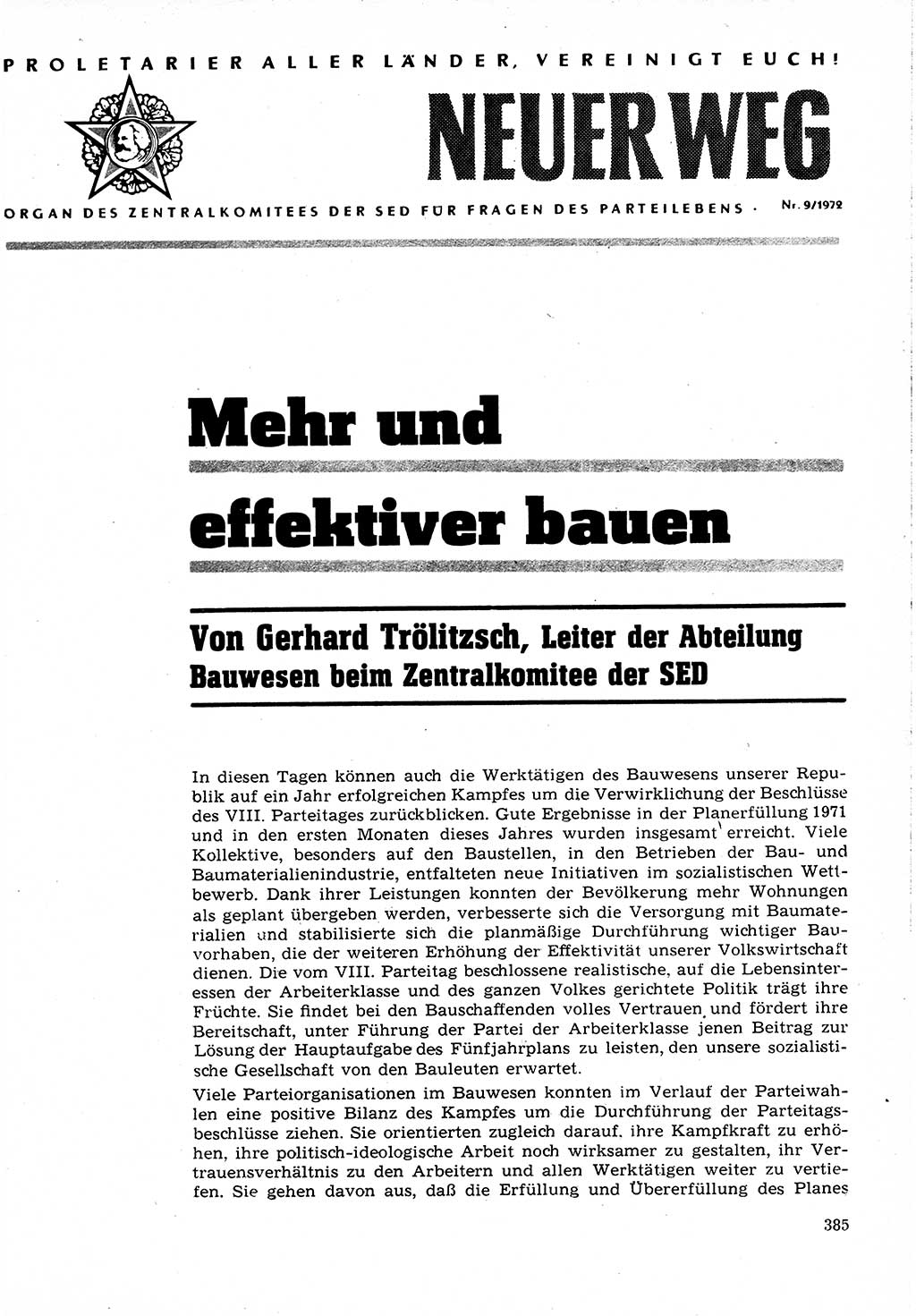 Neuer Weg (NW), Organ des Zentralkomitees (ZK) der SED (Sozialistische Einheitspartei Deutschlands) für Fragen des Parteilebens, 27. Jahrgang [Deutsche Demokratische Republik (DDR)] 1972, Seite 385 (NW ZK SED DDR 1972, S. 385)