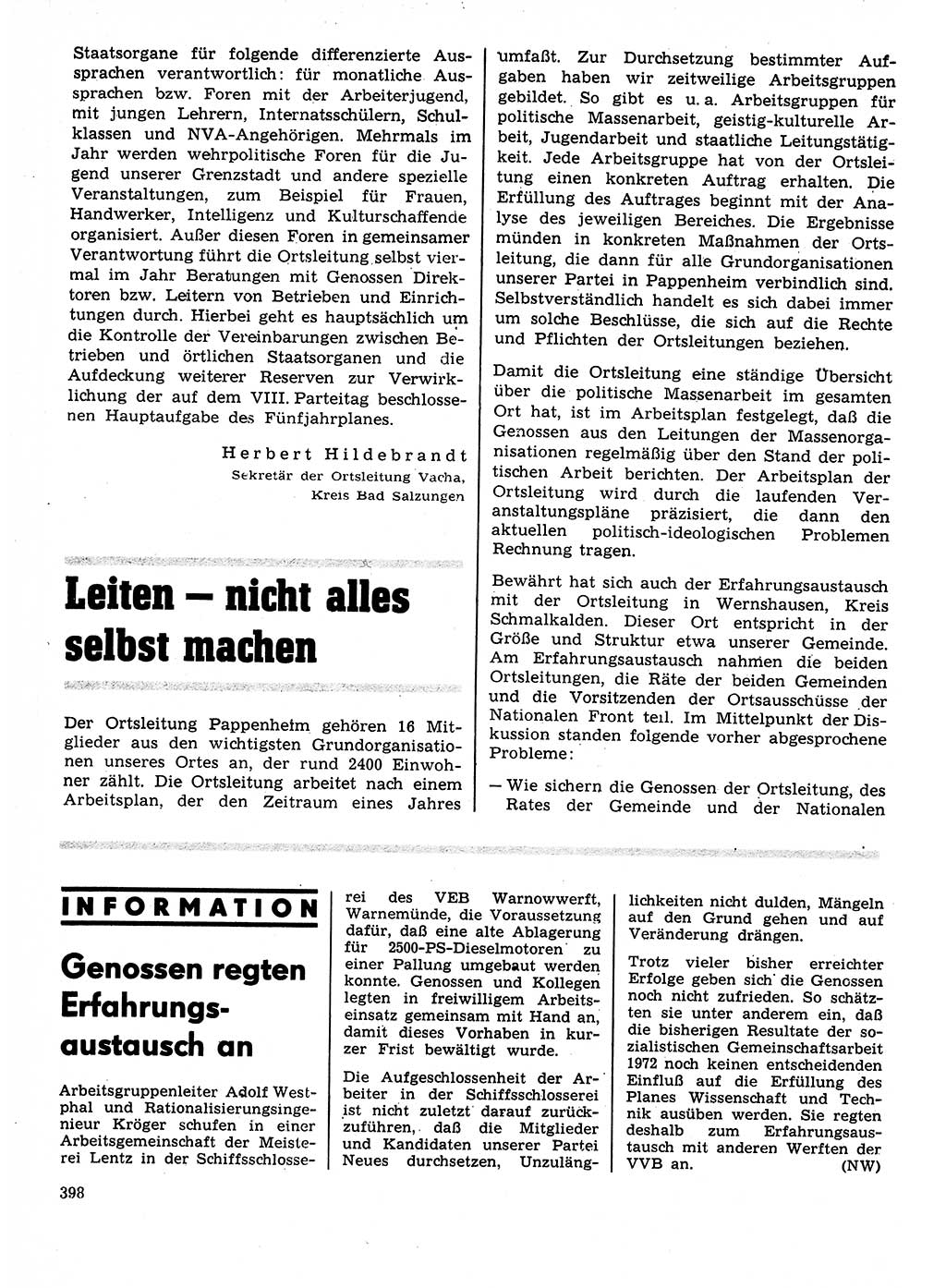 Neuer Weg (NW), Organ des Zentralkomitees (ZK) der SED (Sozialistische Einheitspartei Deutschlands) für Fragen des Parteilebens, 27. Jahrgang [Deutsche Demokratische Republik (DDR)] 1972, Seite 398 (NW ZK SED DDR 1972, S. 398)