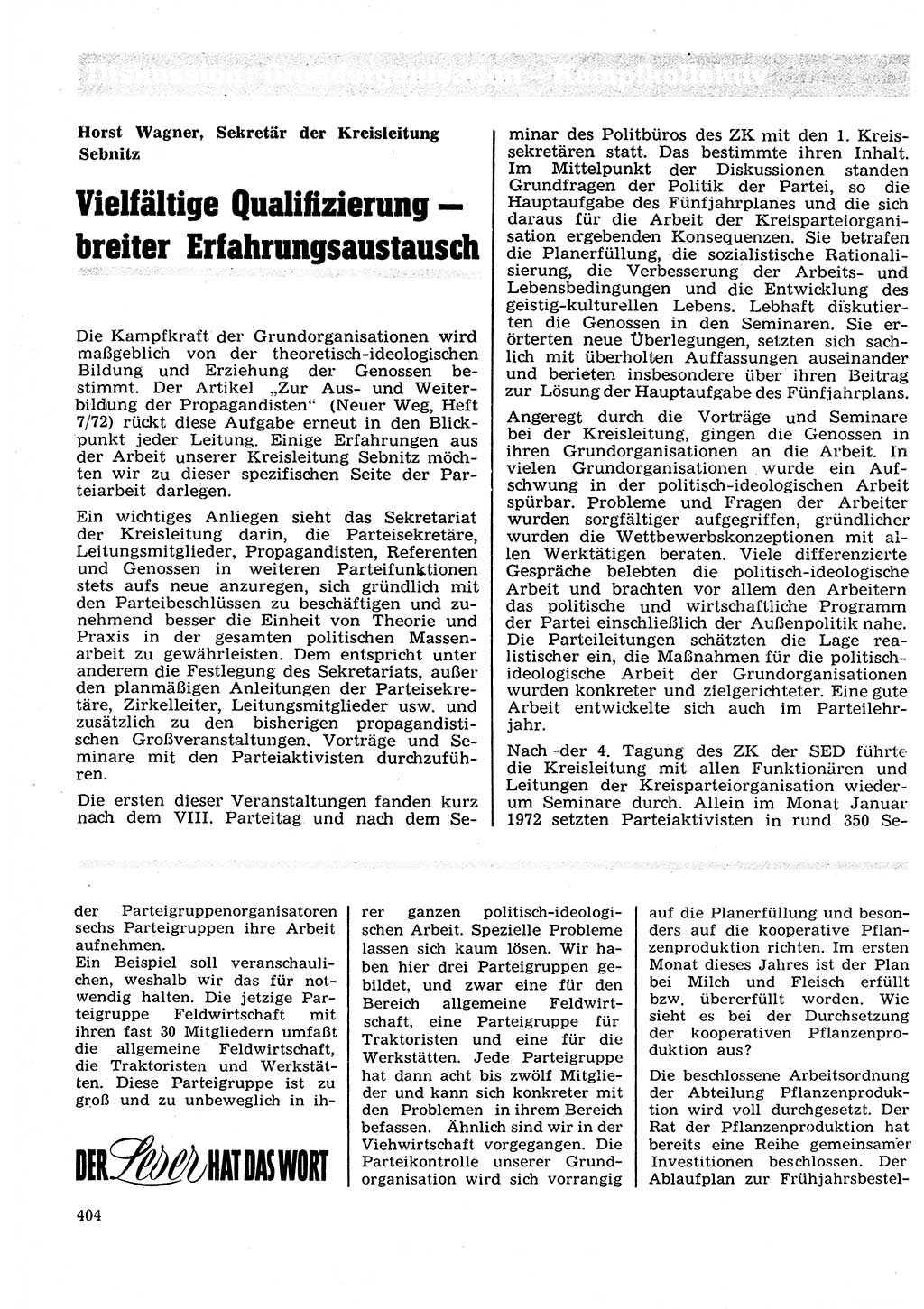Neuer Weg (NW), Organ des Zentralkomitees (ZK) der SED (Sozialistische Einheitspartei Deutschlands) für Fragen des Parteilebens, 27. Jahrgang [Deutsche Demokratische Republik (DDR)] 1972, Seite 404 (NW ZK SED DDR 1972, S. 404)
