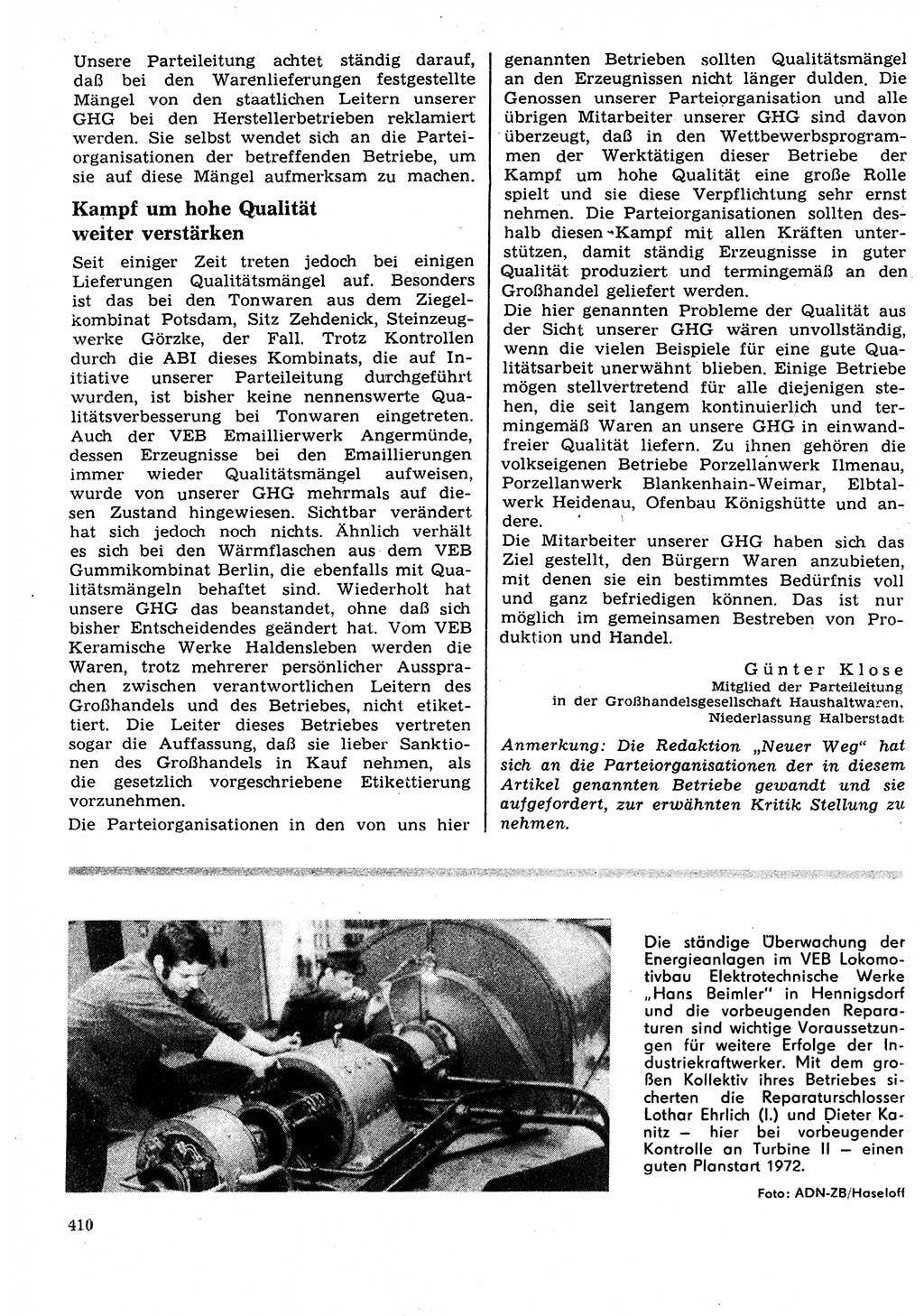 Neuer Weg (NW), Organ des Zentralkomitees (ZK) der SED (Sozialistische Einheitspartei Deutschlands) für Fragen des Parteilebens, 27. Jahrgang [Deutsche Demokratische Republik (DDR)] 1972, Seite 410 (NW ZK SED DDR 1972, S. 410)