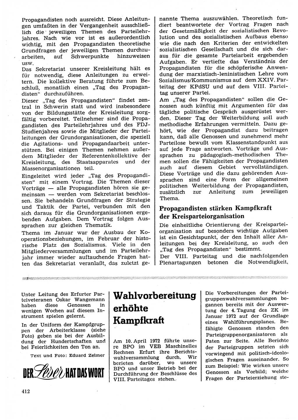 Neuer Weg (NW), Organ des Zentralkomitees (ZK) der SED (Sozialistische Einheitspartei Deutschlands) für Fragen des Parteilebens, 27. Jahrgang [Deutsche Demokratische Republik (DDR)] 1972, Seite 412 (NW ZK SED DDR 1972, S. 412)