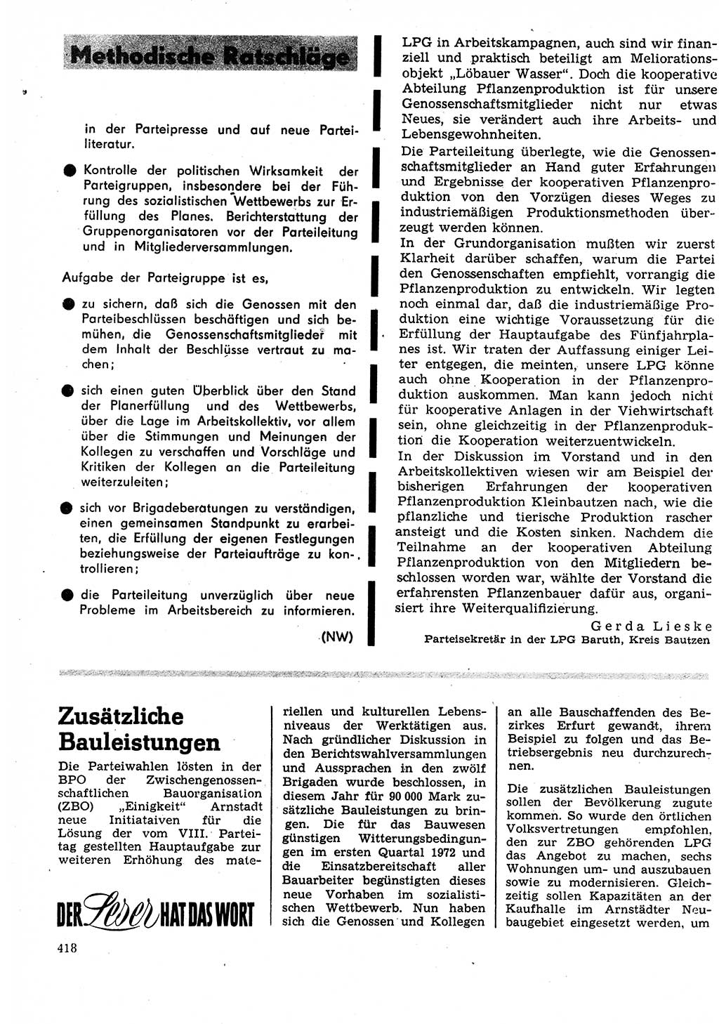 Neuer Weg (NW), Organ des Zentralkomitees (ZK) der SED (Sozialistische Einheitspartei Deutschlands) für Fragen des Parteilebens, 27. Jahrgang [Deutsche Demokratische Republik (DDR)] 1972, Seite 418 (NW ZK SED DDR 1972, S. 418)