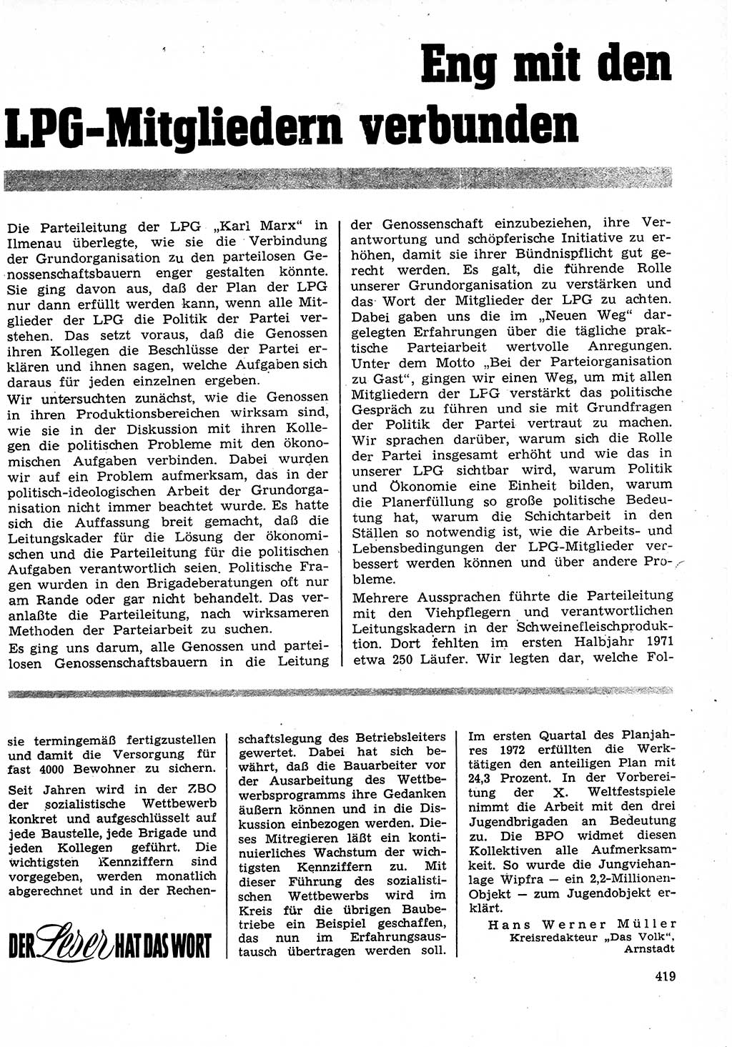 Neuer Weg (NW), Organ des Zentralkomitees (ZK) der SED (Sozialistische Einheitspartei Deutschlands) für Fragen des Parteilebens, 27. Jahrgang [Deutsche Demokratische Republik (DDR)] 1972, Seite 419 (NW ZK SED DDR 1972, S. 419)