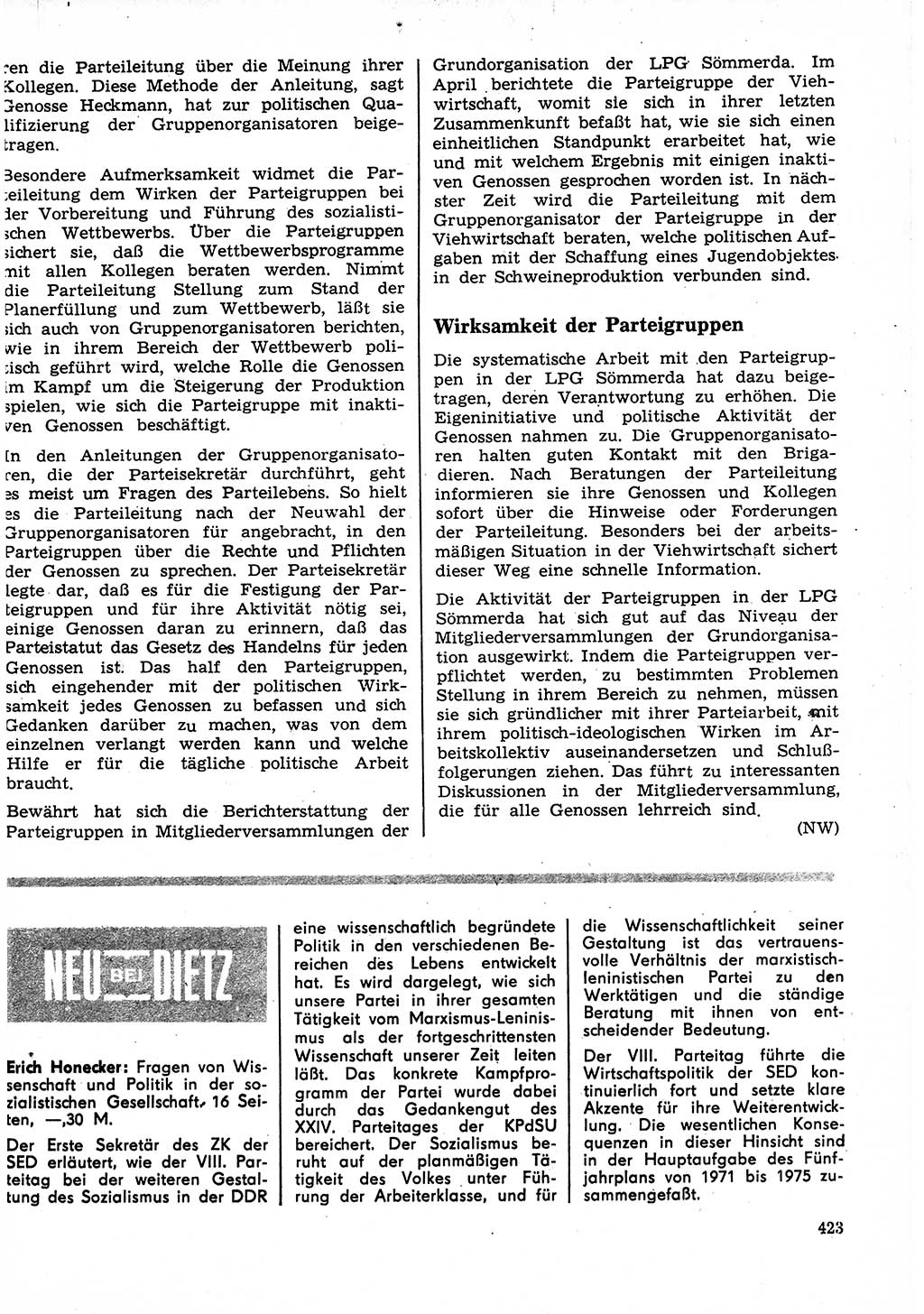 Neuer Weg (NW), Organ des Zentralkomitees (ZK) der SED (Sozialistische Einheitspartei Deutschlands) für Fragen des Parteilebens, 27. Jahrgang [Deutsche Demokratische Republik (DDR)] 1972, Seite 423 (NW ZK SED DDR 1972, S. 423)