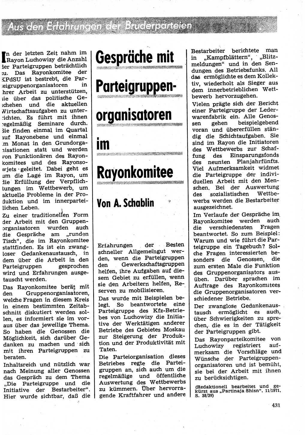 Neuer Weg (NW), Organ des Zentralkomitees (ZK) der SED (Sozialistische Einheitspartei Deutschlands) für Fragen des Parteilebens, 27. Jahrgang [Deutsche Demokratische Republik (DDR)] 1972, Seite 431 (NW ZK SED DDR 1972, S. 431)