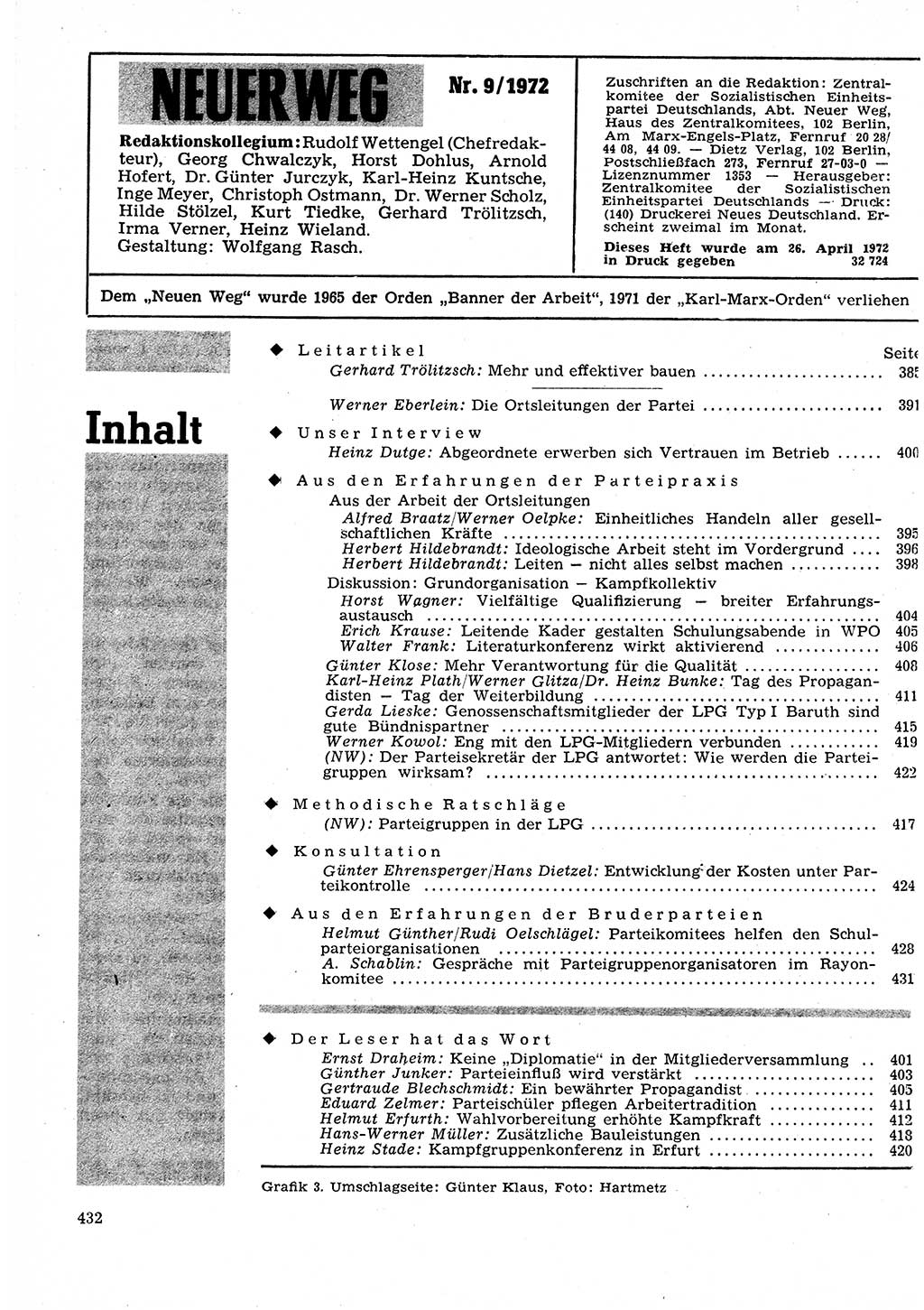 Neuer Weg (NW), Organ des Zentralkomitees (ZK) der SED (Sozialistische Einheitspartei Deutschlands) für Fragen des Parteilebens, 27. Jahrgang [Deutsche Demokratische Republik (DDR)] 1972, Seite 432 (NW ZK SED DDR 1972, S. 432)