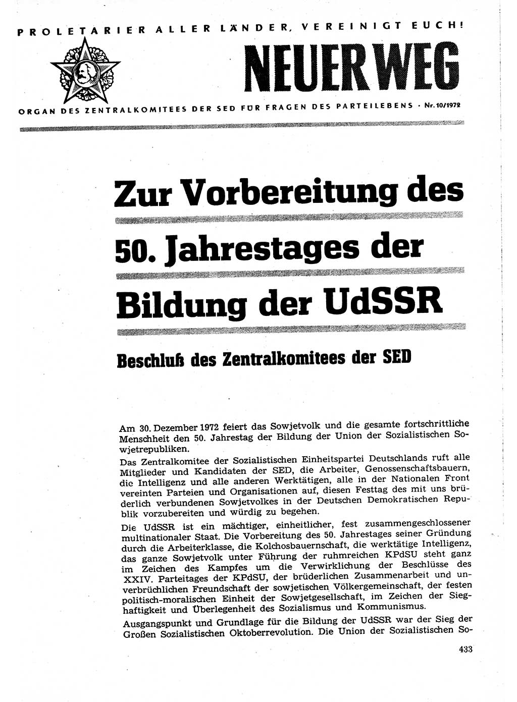 Neuer Weg (NW), Organ des Zentralkomitees (ZK) der SED (Sozialistische Einheitspartei Deutschlands) für Fragen des Parteilebens, 27. Jahrgang [Deutsche Demokratische Republik (DDR)] 1972, Seite 433 (NW ZK SED DDR 1972, S. 433)