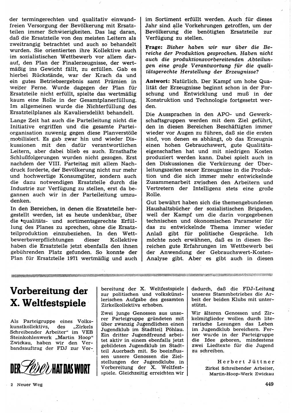 Neuer Weg (NW), Organ des Zentralkomitees (ZK) der SED (Sozialistische Einheitspartei Deutschlands) für Fragen des Parteilebens, 27. Jahrgang [Deutsche Demokratische Republik (DDR)] 1972, Seite 449 (NW ZK SED DDR 1972, S. 449)