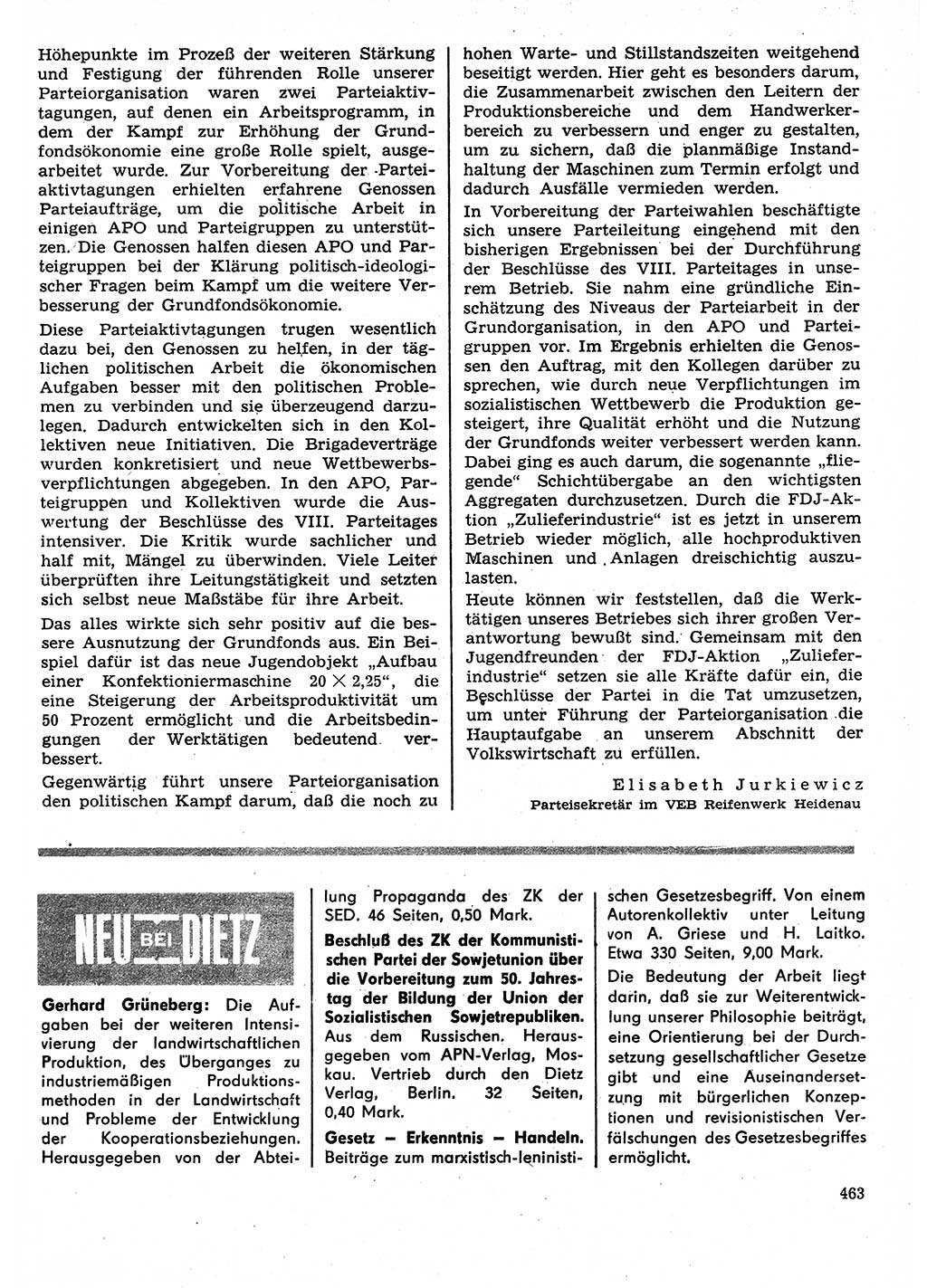 Neuer Weg (NW), Organ des Zentralkomitees (ZK) der SED (Sozialistische Einheitspartei Deutschlands) für Fragen des Parteilebens, 27. Jahrgang [Deutsche Demokratische Republik (DDR)] 1972, Seite 463 (NW ZK SED DDR 1972, S. 463)