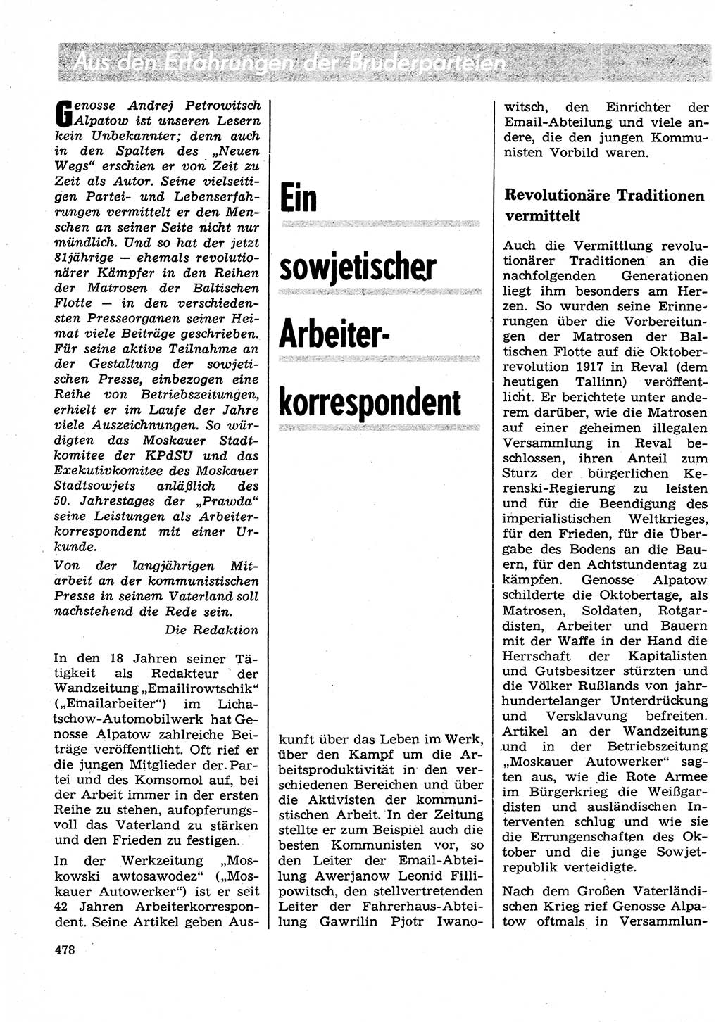 Neuer Weg (NW), Organ des Zentralkomitees (ZK) der SED (Sozialistische Einheitspartei Deutschlands) für Fragen des Parteilebens, 27. Jahrgang [Deutsche Demokratische Republik (DDR)] 1972, Seite 478 (NW ZK SED DDR 1972, S. 478)
