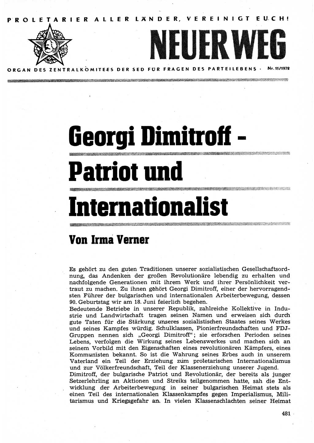 Neuer Weg (NW), Organ des Zentralkomitees (ZK) der SED (Sozialistische Einheitspartei Deutschlands) für Fragen des Parteilebens, 27. Jahrgang [Deutsche Demokratische Republik (DDR)] 1972, Seite 481 (NW ZK SED DDR 1972, S. 481)