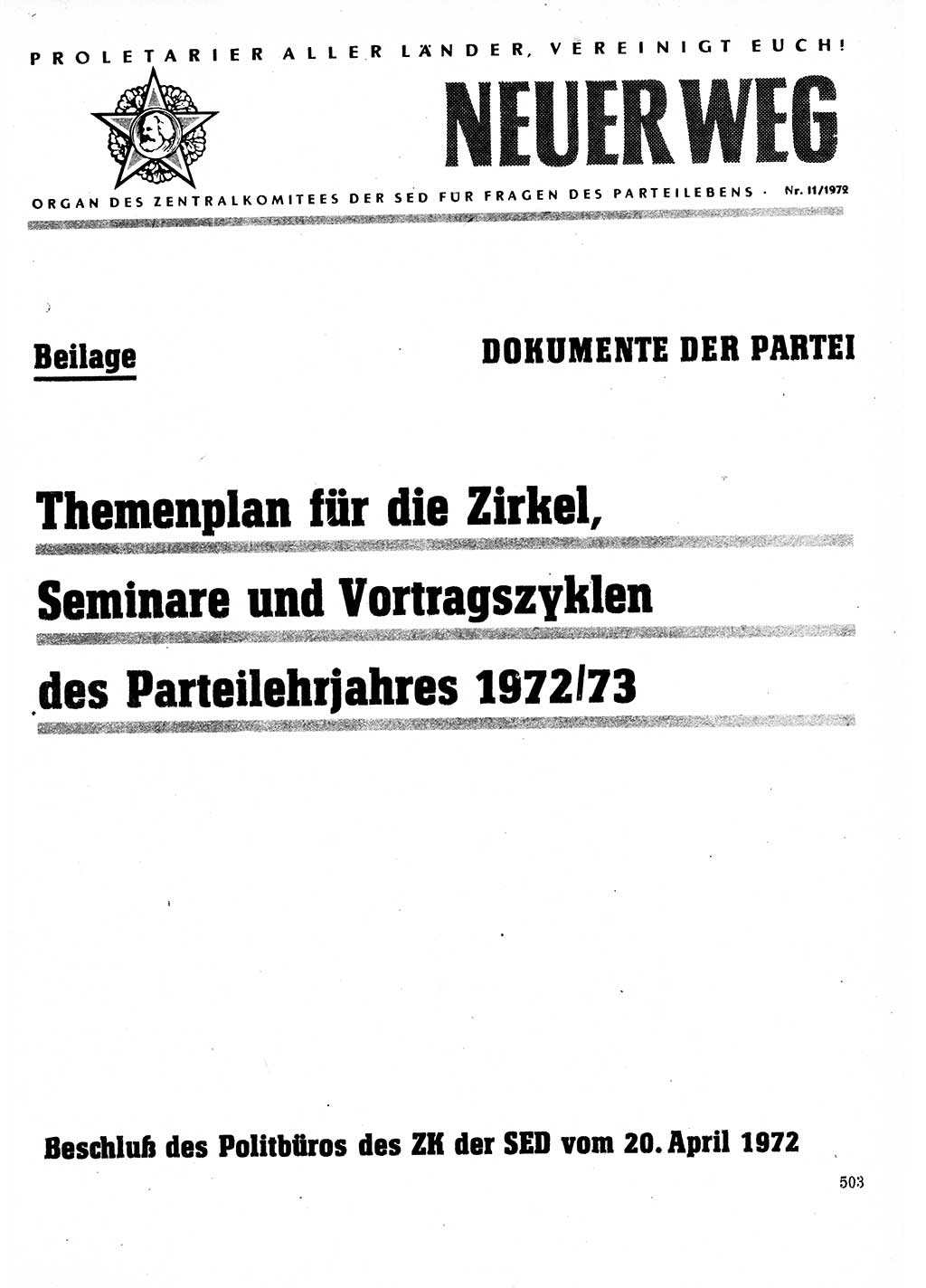 Neuer Weg (NW), Organ des Zentralkomitees (ZK) der SED (Sozialistische Einheitspartei Deutschlands) für Fragen des Parteilebens, 27. Jahrgang [Deutsche Demokratische Republik (DDR)] 1972, Seite 503 (NW ZK SED DDR 1972, S. 503)