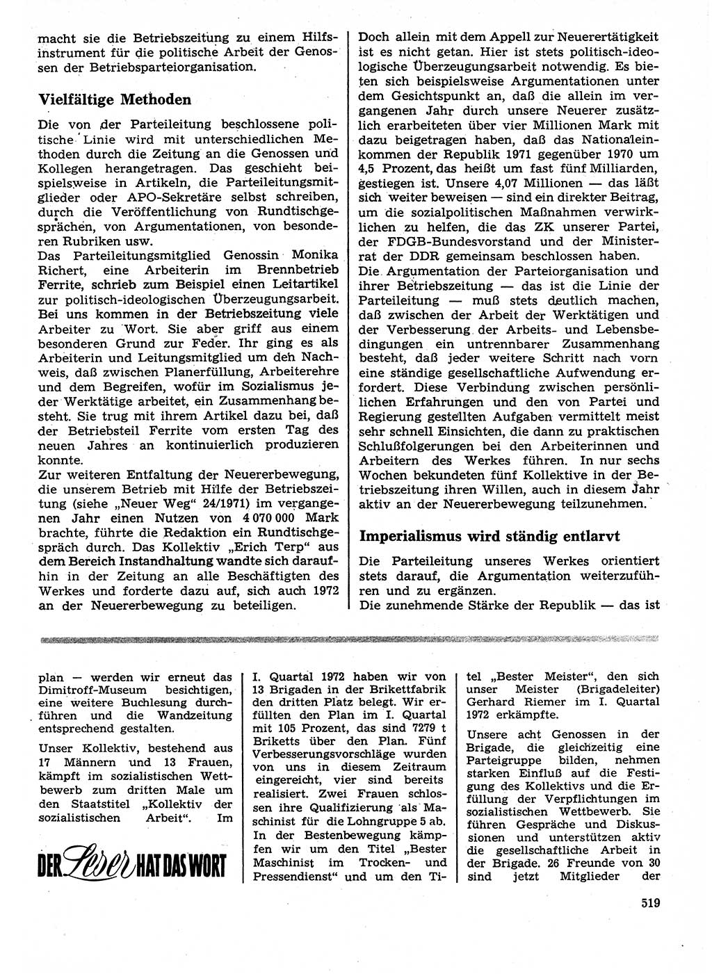 Neuer Weg (NW), Organ des Zentralkomitees (ZK) der SED (Sozialistische Einheitspartei Deutschlands) für Fragen des Parteilebens, 27. Jahrgang [Deutsche Demokratische Republik (DDR)] 1972, Seite 519 (NW ZK SED DDR 1972, S. 519)