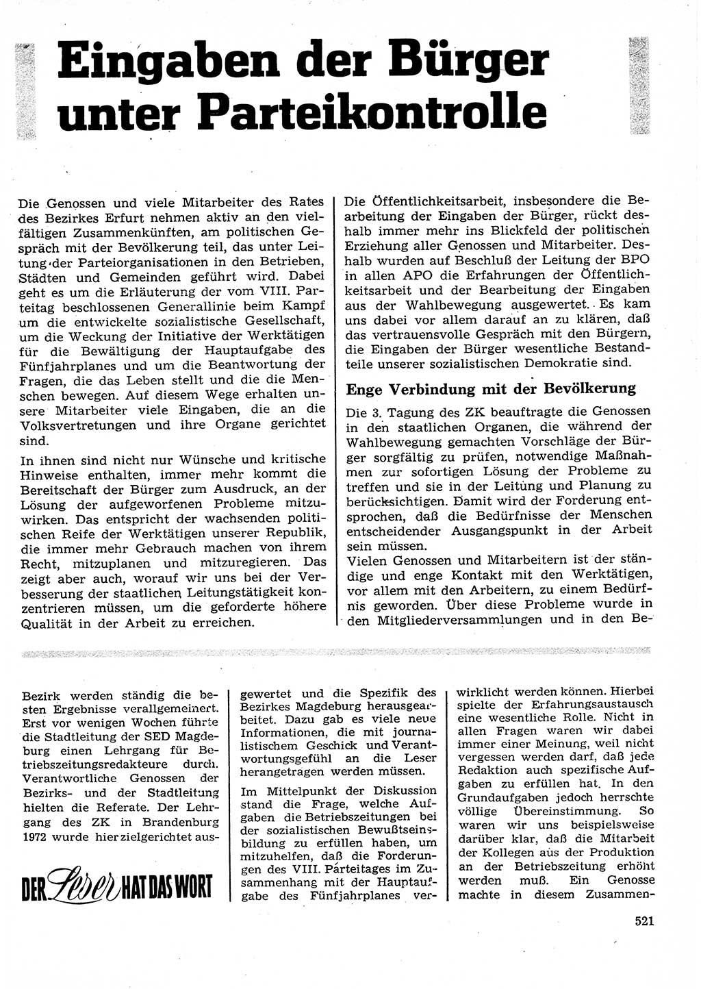 Neuer Weg (NW), Organ des Zentralkomitees (ZK) der SED (Sozialistische Einheitspartei Deutschlands) für Fragen des Parteilebens, 27. Jahrgang [Deutsche Demokratische Republik (DDR)] 1972, Seite 521 (NW ZK SED DDR 1972, S. 521)