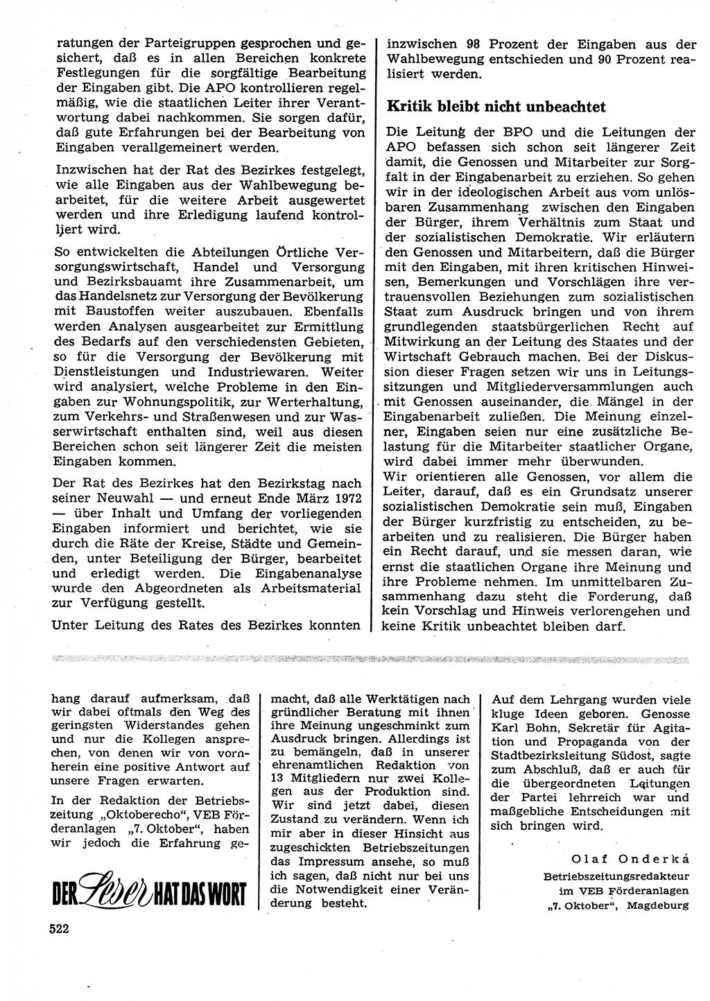 Neuer Weg (NW), Organ des Zentralkomitees (ZK) der SED (Sozialistische Einheitspartei Deutschlands) für Fragen des Parteilebens, 27. Jahrgang [Deutsche Demokratische Republik (DDR)] 1972, Seite 522 (NW ZK SED DDR 1972, S. 522)