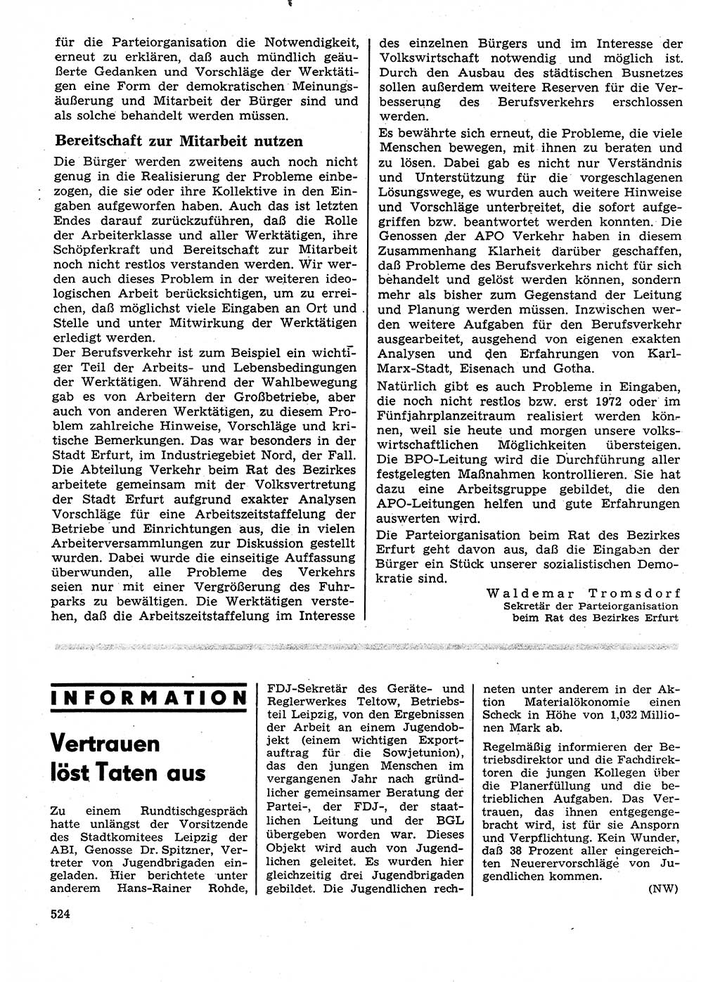 Neuer Weg (NW), Organ des Zentralkomitees (ZK) der SED (Sozialistische Einheitspartei Deutschlands) für Fragen des Parteilebens, 27. Jahrgang [Deutsche Demokratische Republik (DDR)] 1972, Seite 524 (NW ZK SED DDR 1972, S. 524)