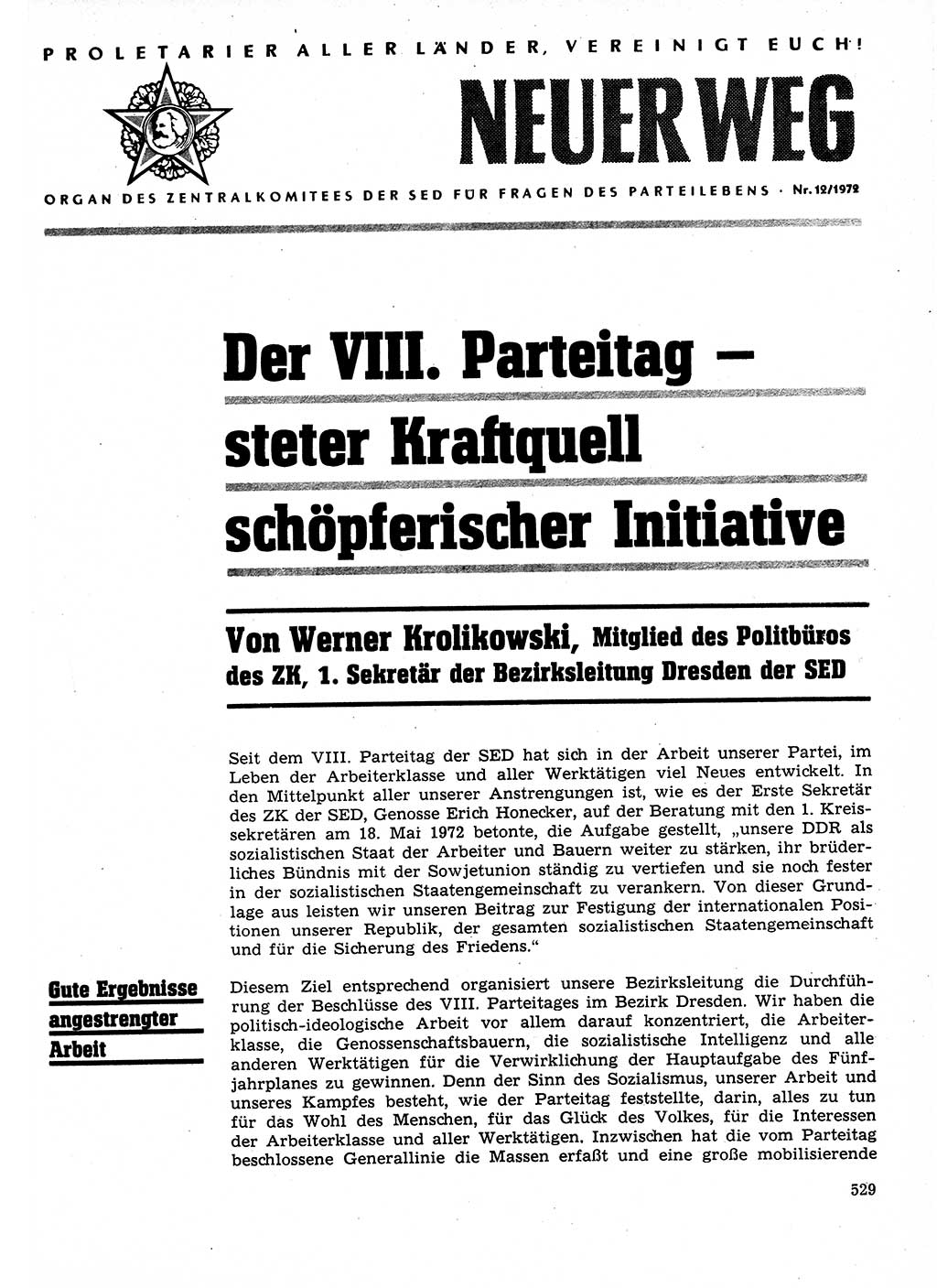 Neuer Weg (NW), Organ des Zentralkomitees (ZK) der SED (Sozialistische Einheitspartei Deutschlands) für Fragen des Parteilebens, 27. Jahrgang [Deutsche Demokratische Republik (DDR)] 1972, Seite 529 (NW ZK SED DDR 1972, S. 529)