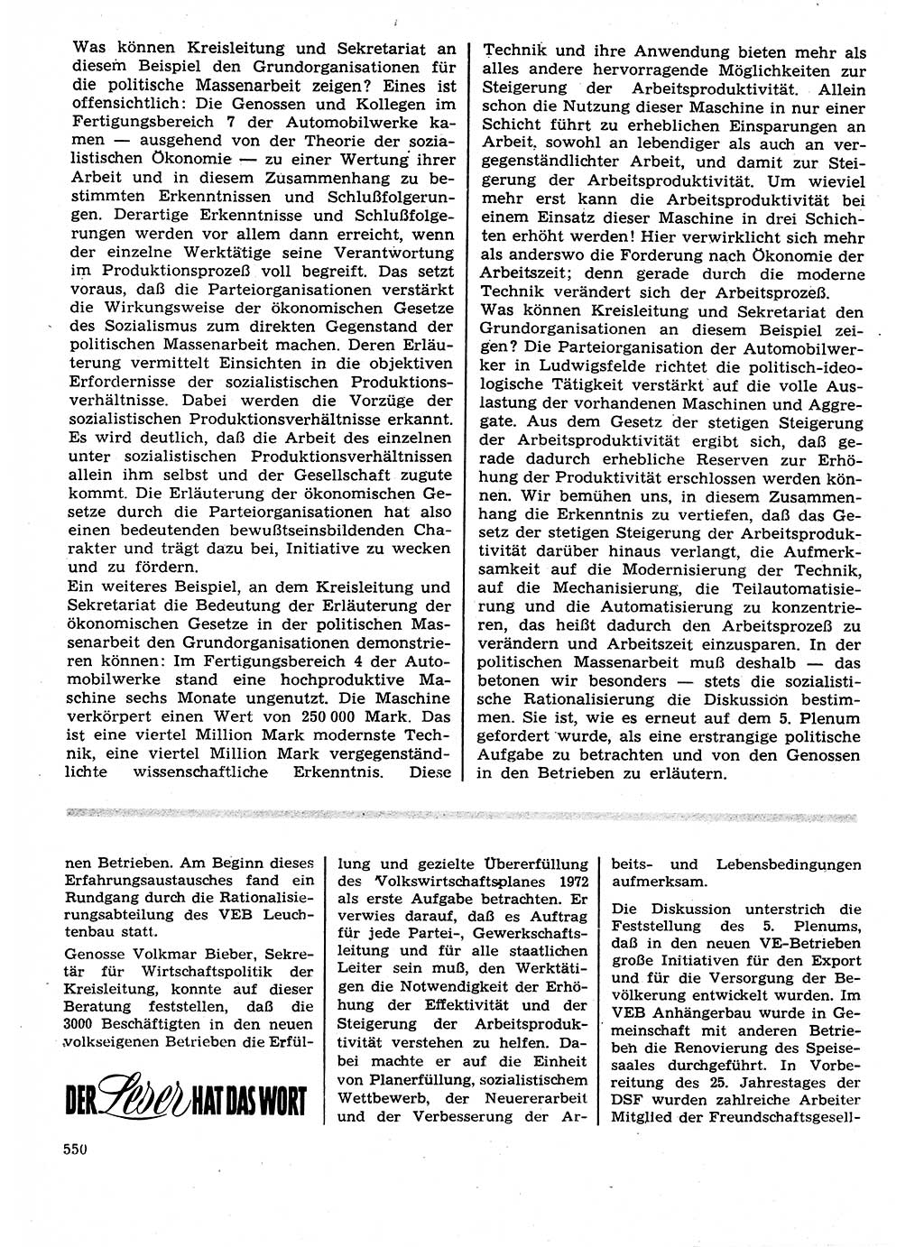 Neuer Weg (NW), Organ des Zentralkomitees (ZK) der SED (Sozialistische Einheitspartei Deutschlands) für Fragen des Parteilebens, 27. Jahrgang [Deutsche Demokratische Republik (DDR)] 1972, Seite 550 (NW ZK SED DDR 1972, S. 550)