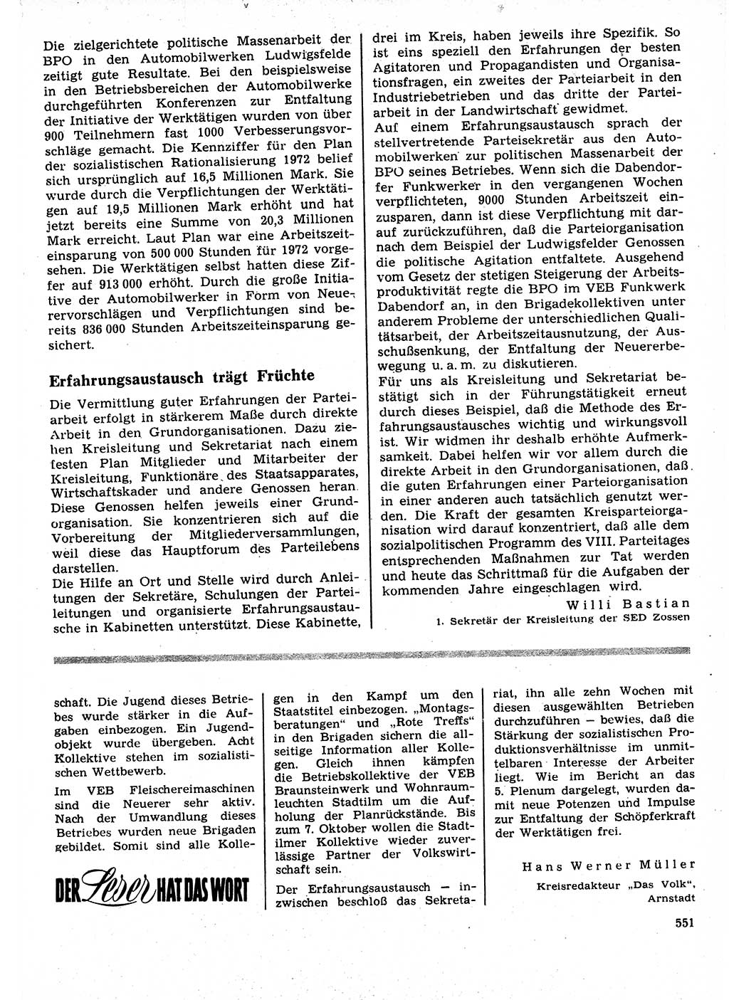 Neuer Weg (NW), Organ des Zentralkomitees (ZK) der SED (Sozialistische Einheitspartei Deutschlands) für Fragen des Parteilebens, 27. Jahrgang [Deutsche Demokratische Republik (DDR)] 1972, Seite 551 (NW ZK SED DDR 1972, S. 551)