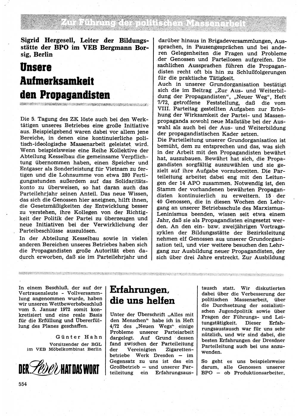 Neuer Weg (NW), Organ des Zentralkomitees (ZK) der SED (Sozialistische Einheitspartei Deutschlands) für Fragen des Parteilebens, 27. Jahrgang [Deutsche Demokratische Republik (DDR)] 1972, Seite 554 (NW ZK SED DDR 1972, S. 554)