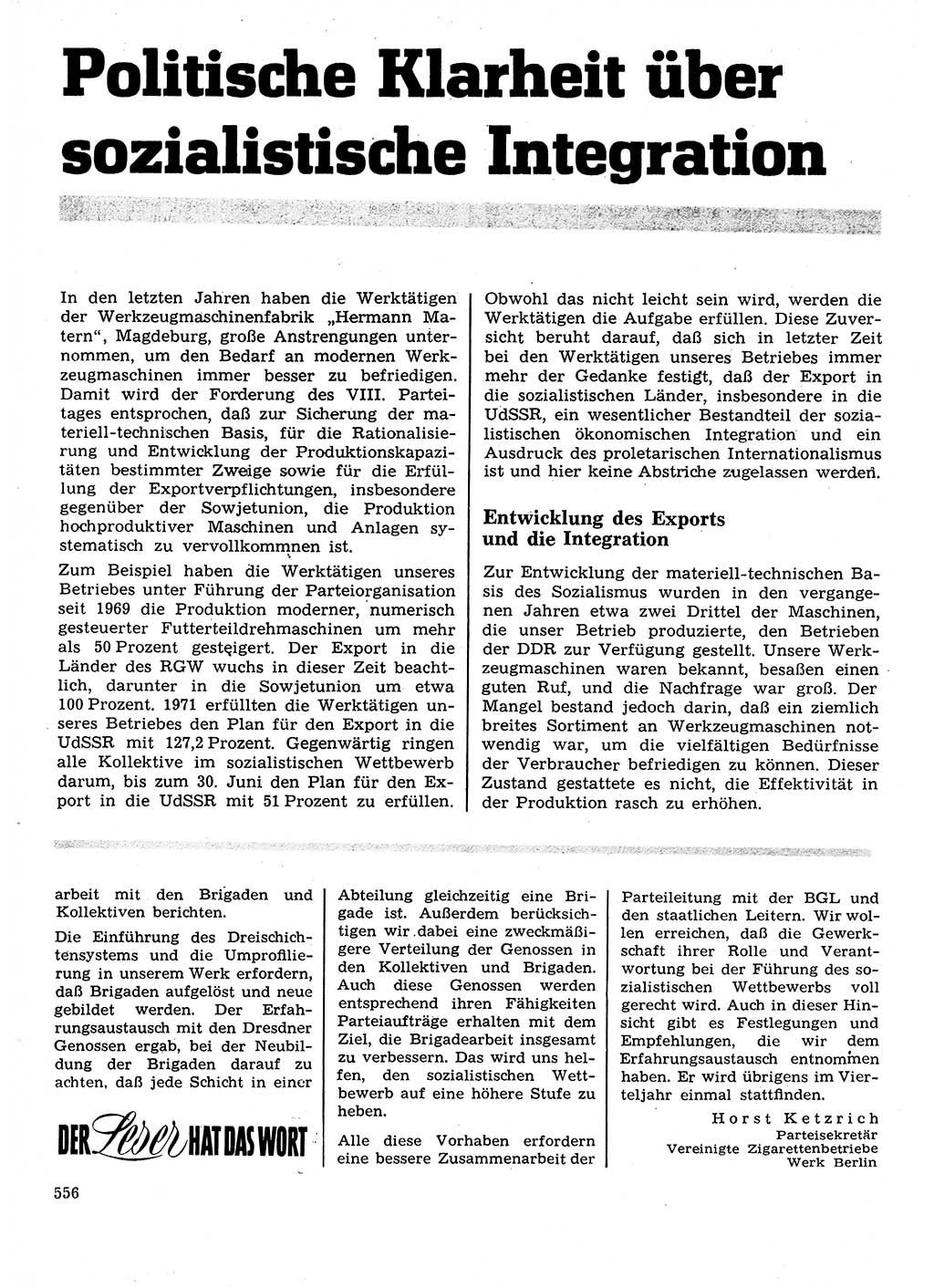 Neuer Weg (NW), Organ des Zentralkomitees (ZK) der SED (Sozialistische Einheitspartei Deutschlands) für Fragen des Parteilebens, 27. Jahrgang [Deutsche Demokratische Republik (DDR)] 1972, Seite 556 (NW ZK SED DDR 1972, S. 556)