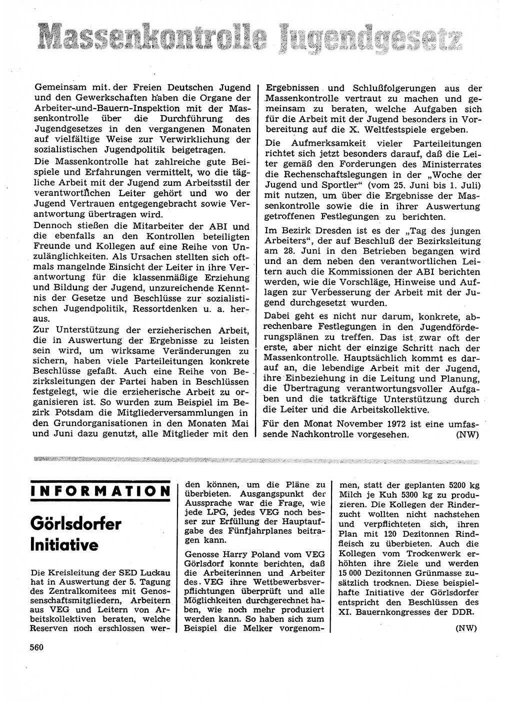 Neuer Weg (NW), Organ des Zentralkomitees (ZK) der SED (Sozialistische Einheitspartei Deutschlands) für Fragen des Parteilebens, 27. Jahrgang [Deutsche Demokratische Republik (DDR)] 1972, Seite 560 (NW ZK SED DDR 1972, S. 560)