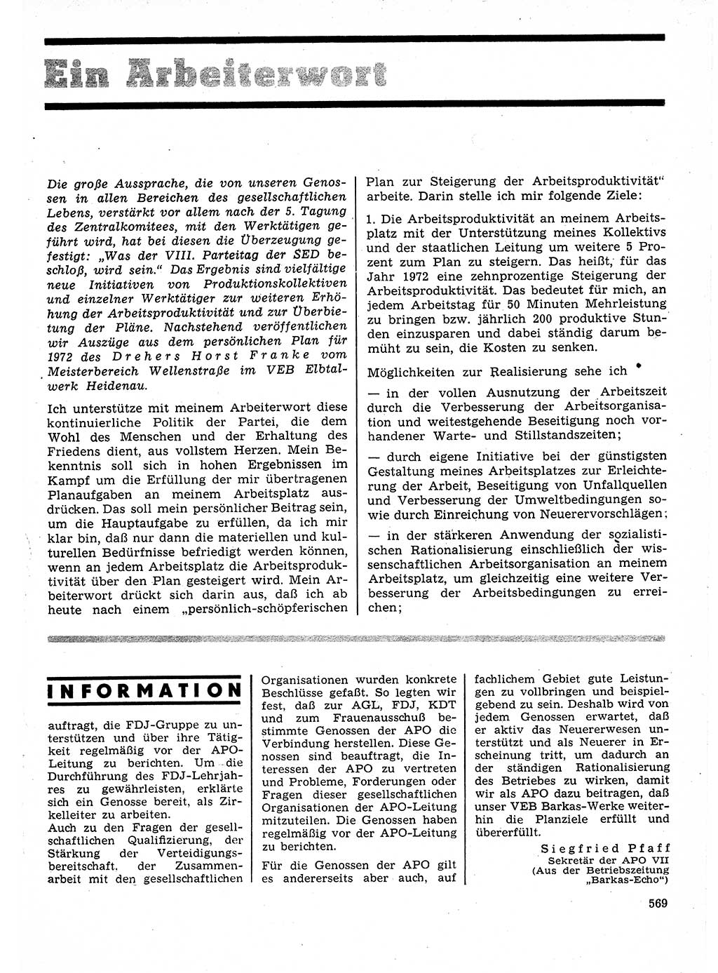 Neuer Weg (NW), Organ des Zentralkomitees (ZK) der SED (Sozialistische Einheitspartei Deutschlands) für Fragen des Parteilebens, 27. Jahrgang [Deutsche Demokratische Republik (DDR)] 1972, Seite 569 (NW ZK SED DDR 1972, S. 569)